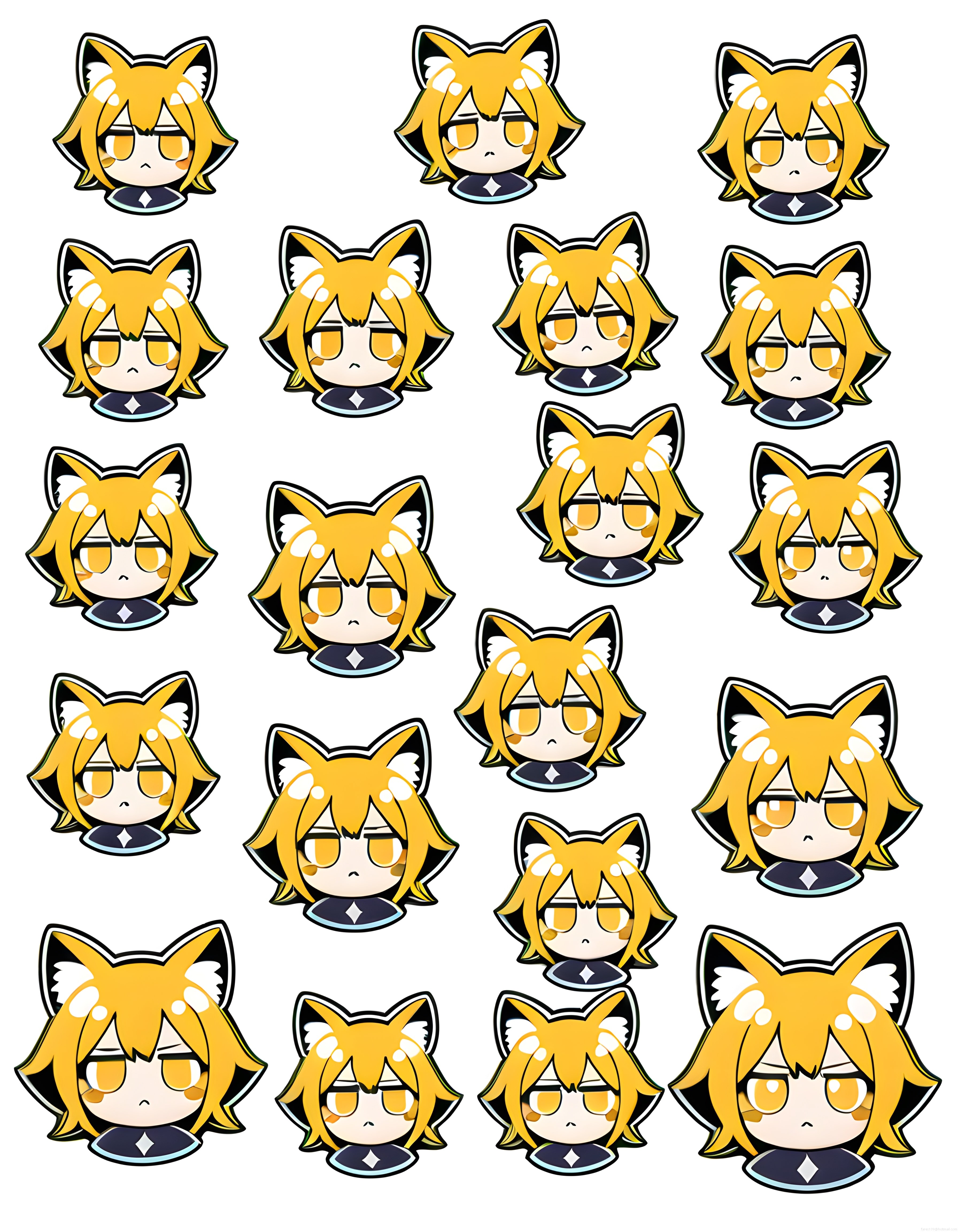 Beyaz Fon Üzerinde Sevimli Chibi Anime Sticker Seti ve Karakter Yüz Çizimleri