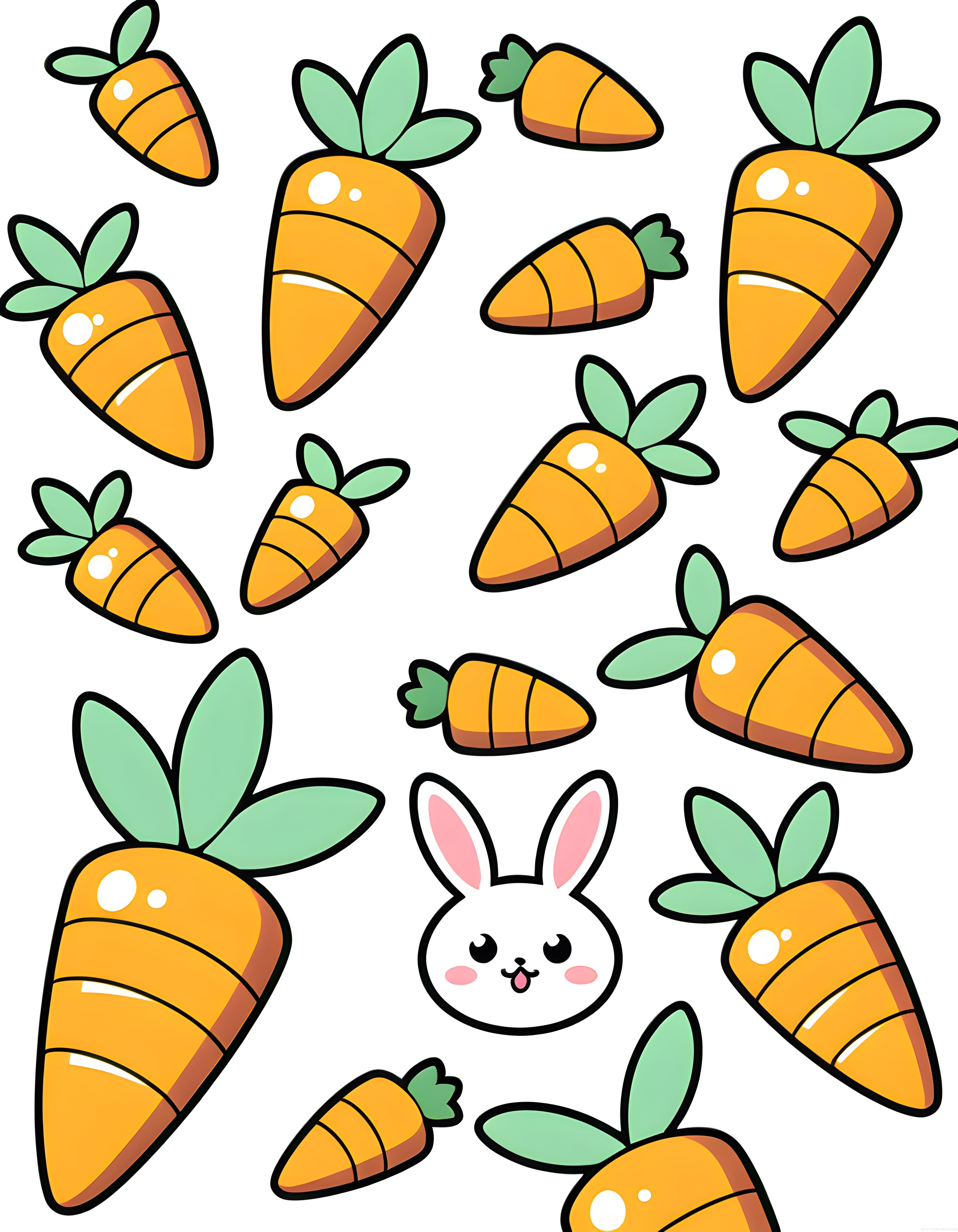 Beyaz Fon Üzerinde Sevimli Havuçlar ve Mini Tavşan ile Kawaii Çizgi Film Deseni