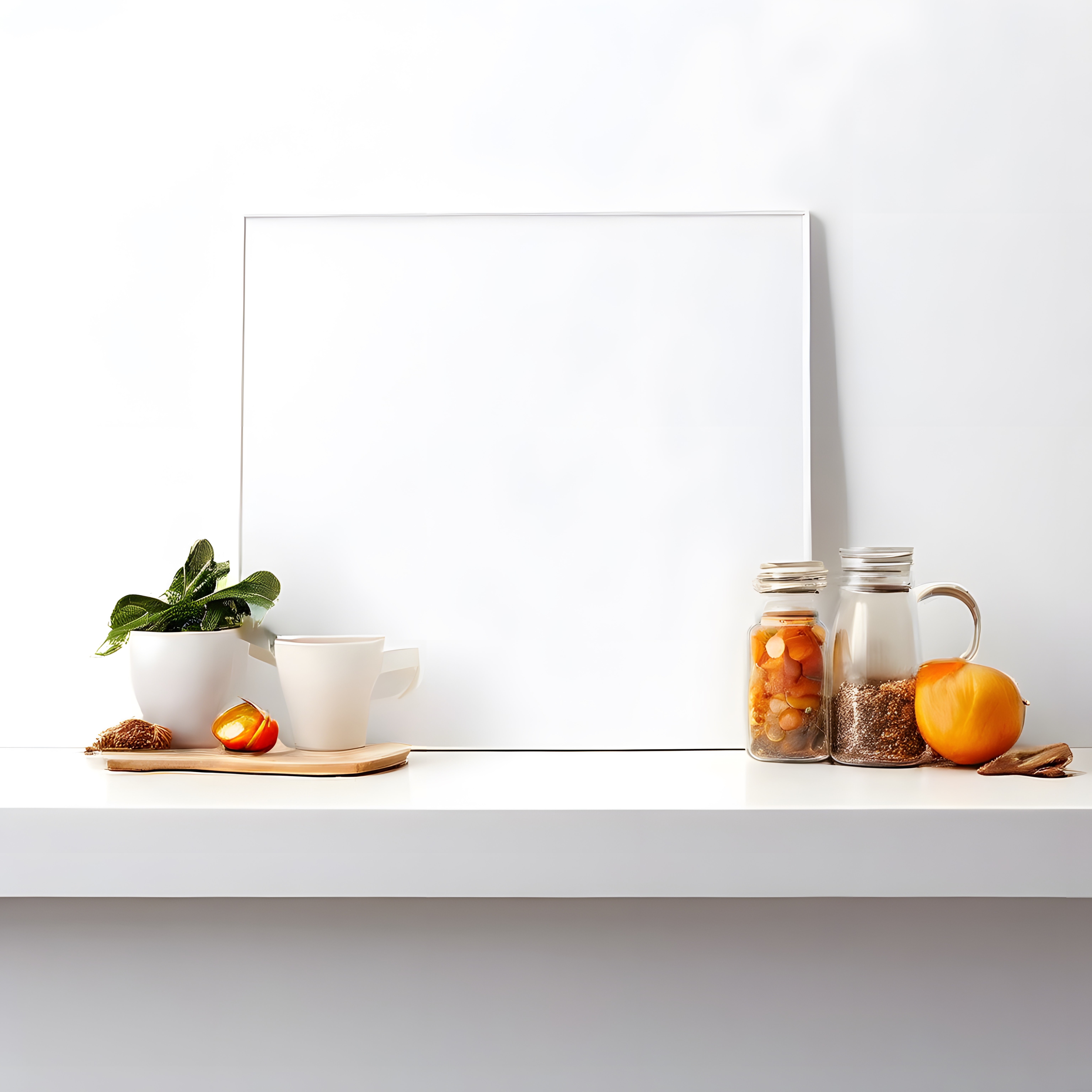 beyaz fon üzerinde sonbahar esintili minimalist masa düzeni ve boş poster çerçevesi