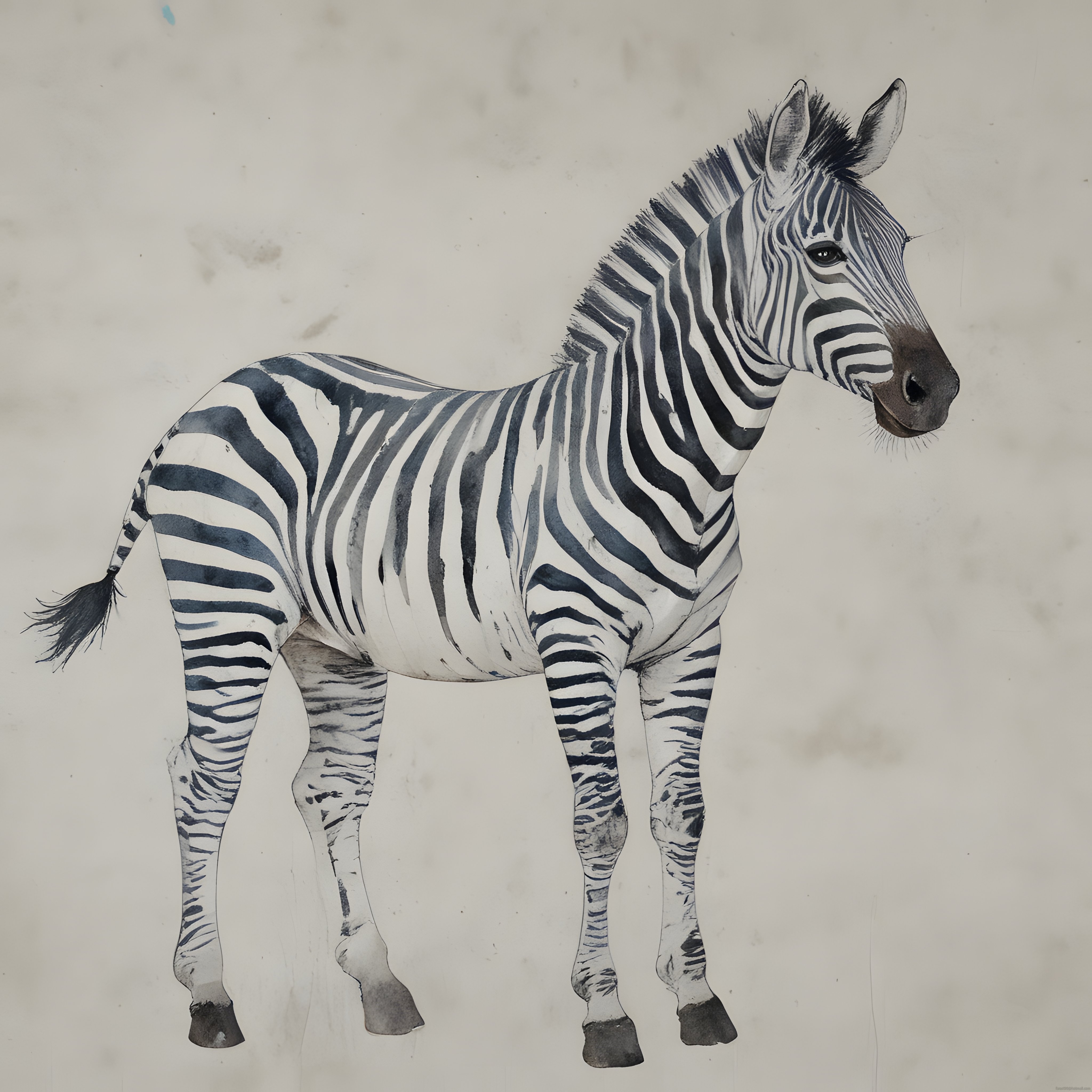 Beyaz Fon Üzerinde Suluboya Dokusuyla Çizilmiş Gerçekçi Zebra Portresi