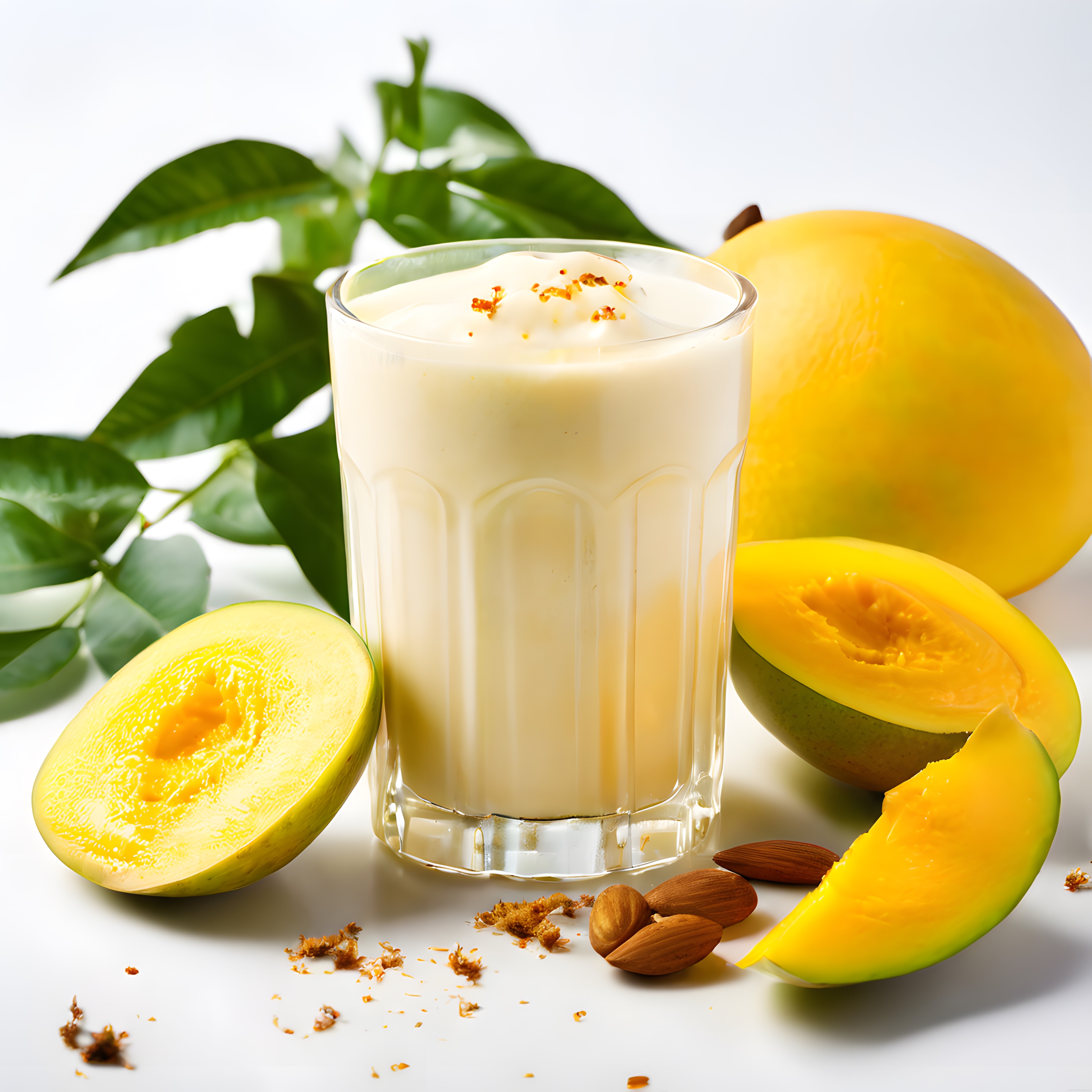 Beyaz Fon Üzerinde Taze Mango ve Bademli Smoothie Bardak Sunumu