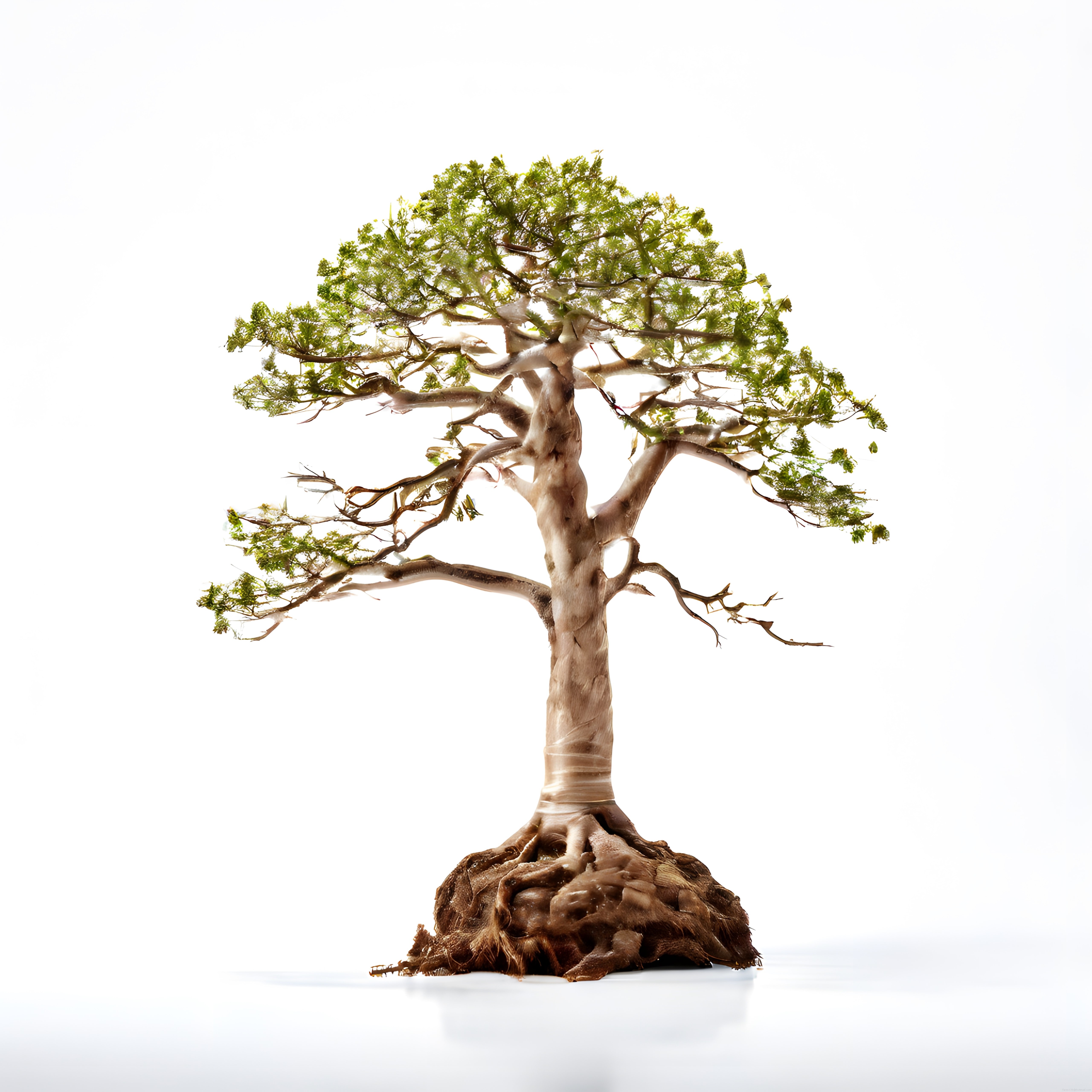 Beyaz Fon Üzerinde Yalnız Bonsai ve Detaylı Kökleriyle Sanatsal Bitki