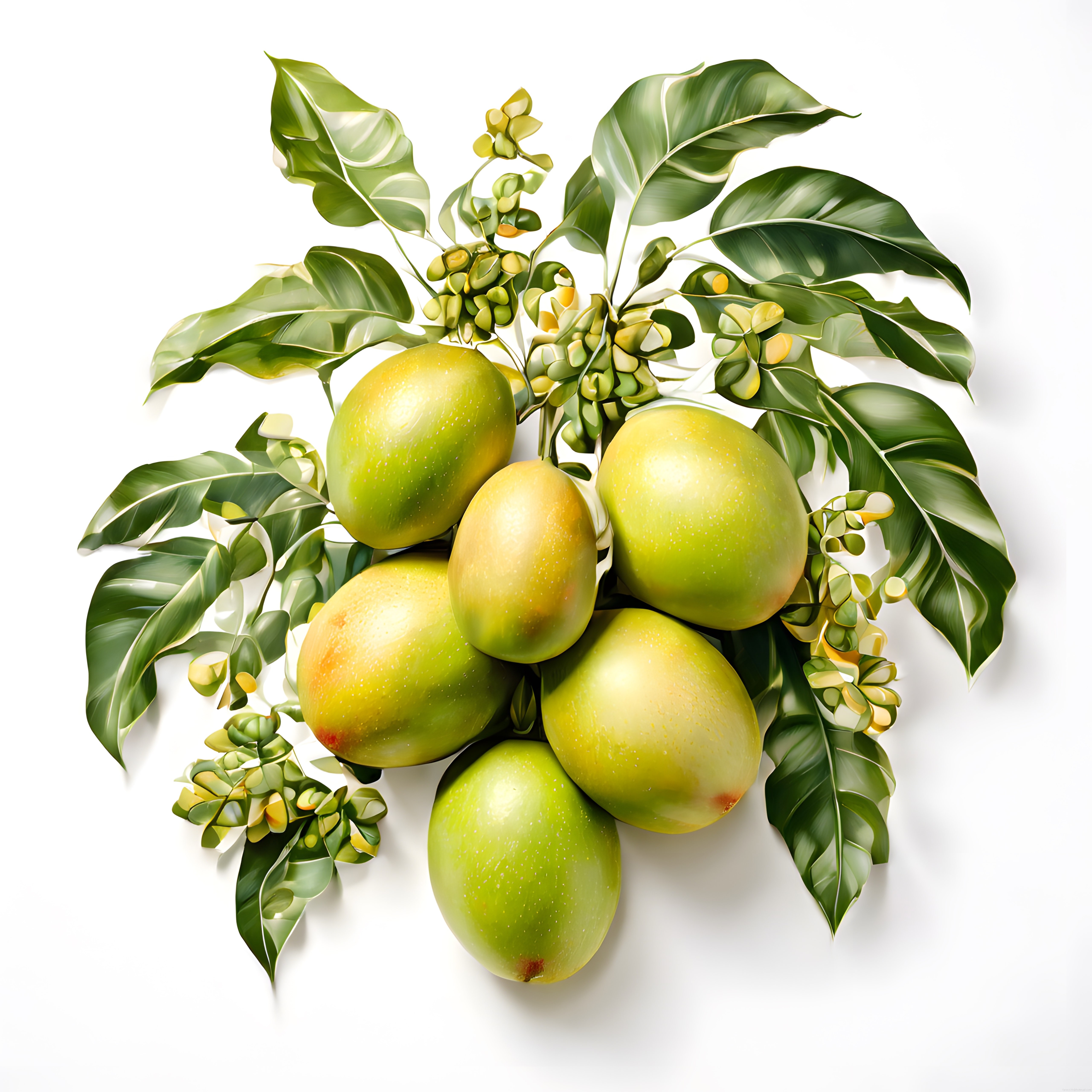 Beyaz Fon Üzerinde Yeşil Mango ve Yapraklar: Tropikal Meyve Sanatı