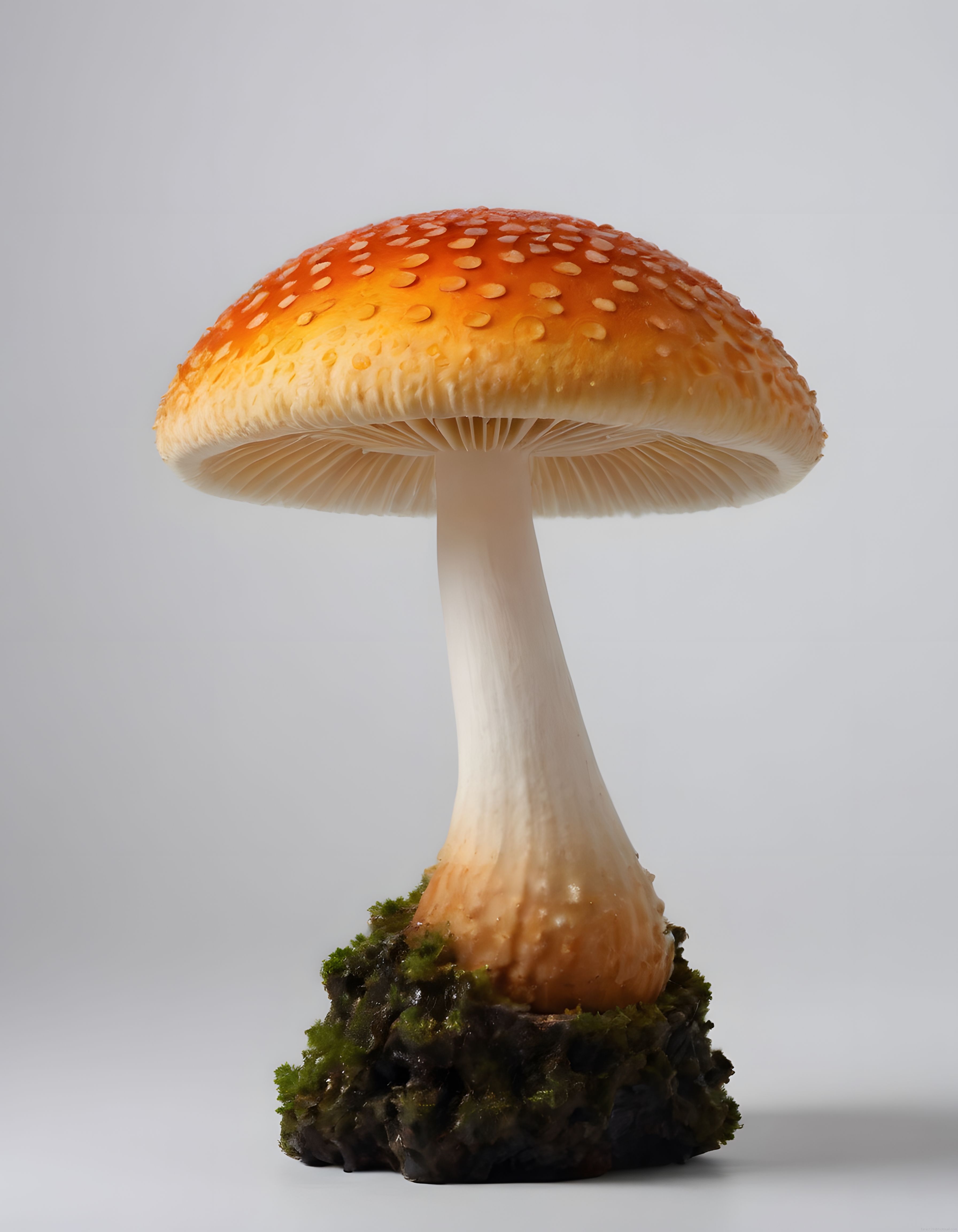 Beyaz Fon Üzerinde Yosunlu Kütükte Kırmızı Benekli Amanita Mantarı Makro