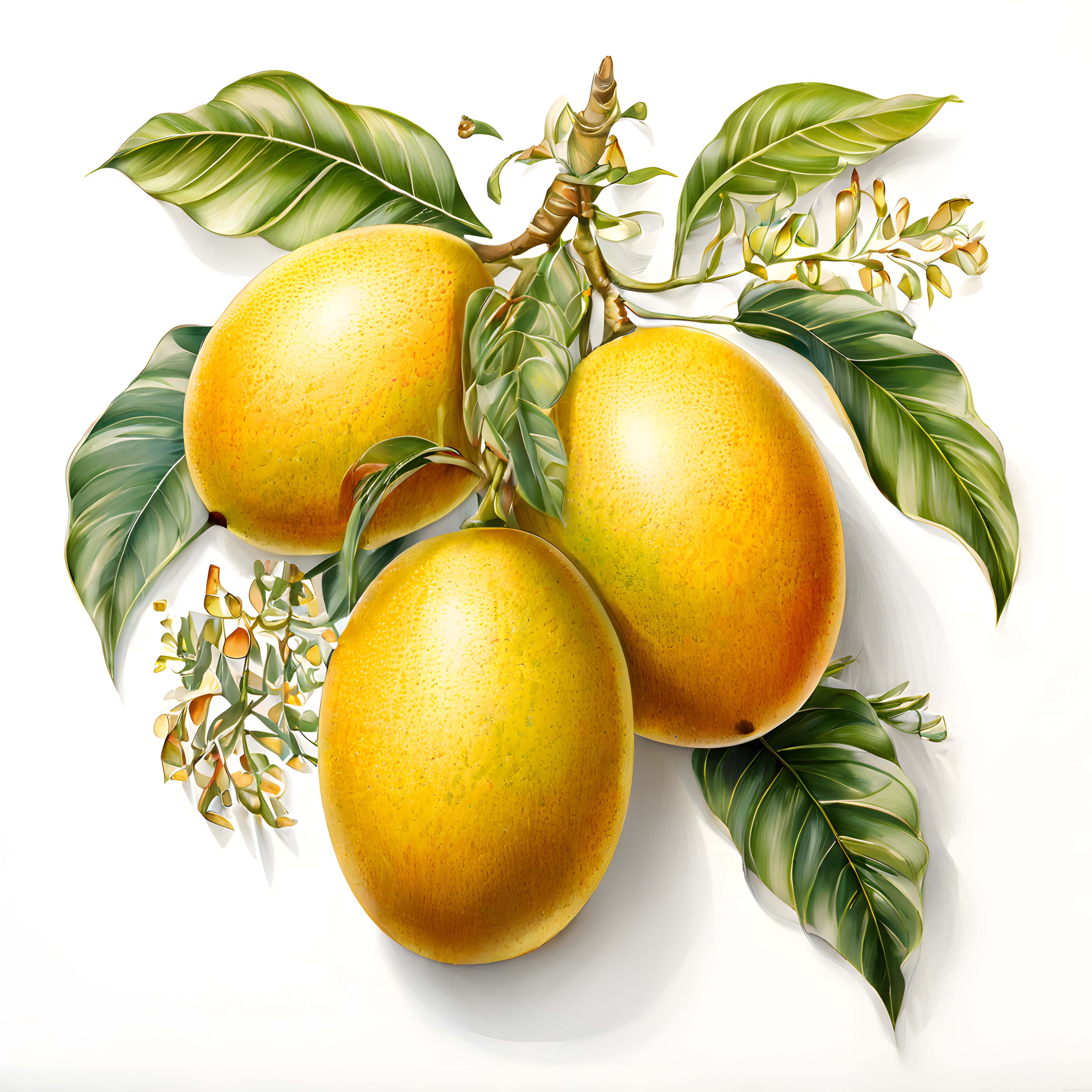 Beyaz Fonda Dalları ve Yapraklarıyla Tropikal Mango Meyvesi İllüstrasyonu