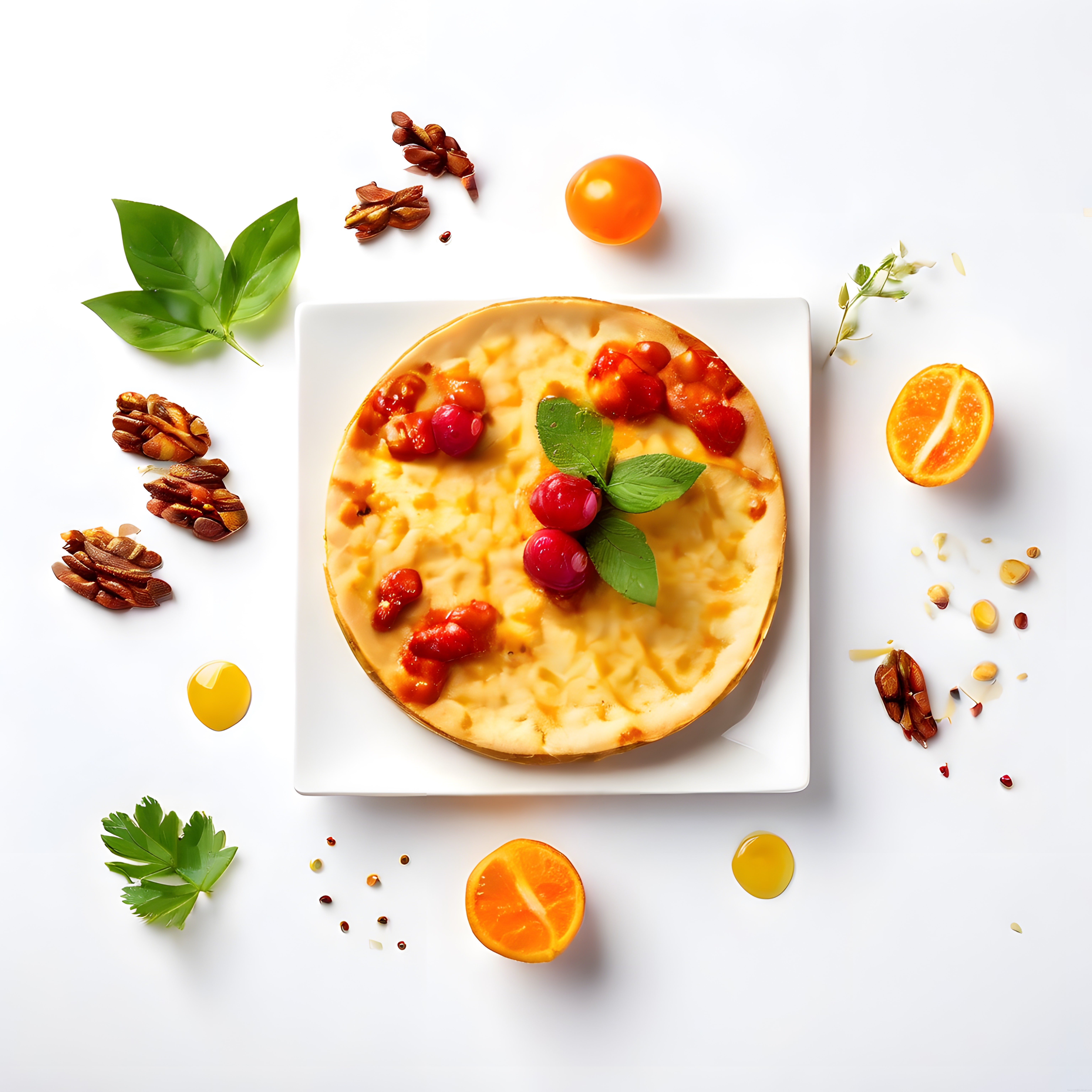 Beyaz Fonda Kırmızı Meyve Soslu Cheesecake ve Taze Malzemeler Flat Lay