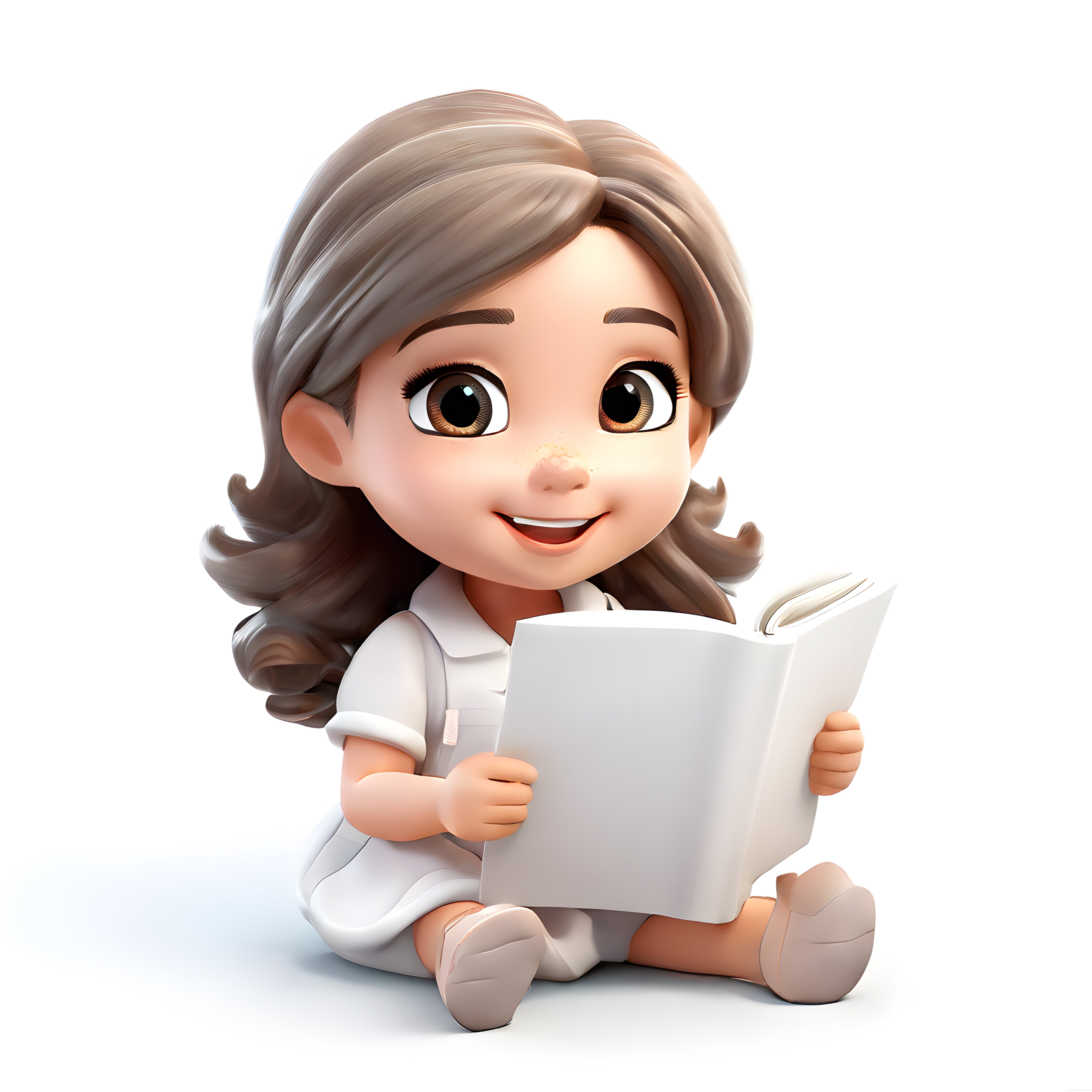 Beyaz Fonda Kitap Seven Sevimli 3D Kız Çocuğu Karakteri Gülümseyerek Okuyor