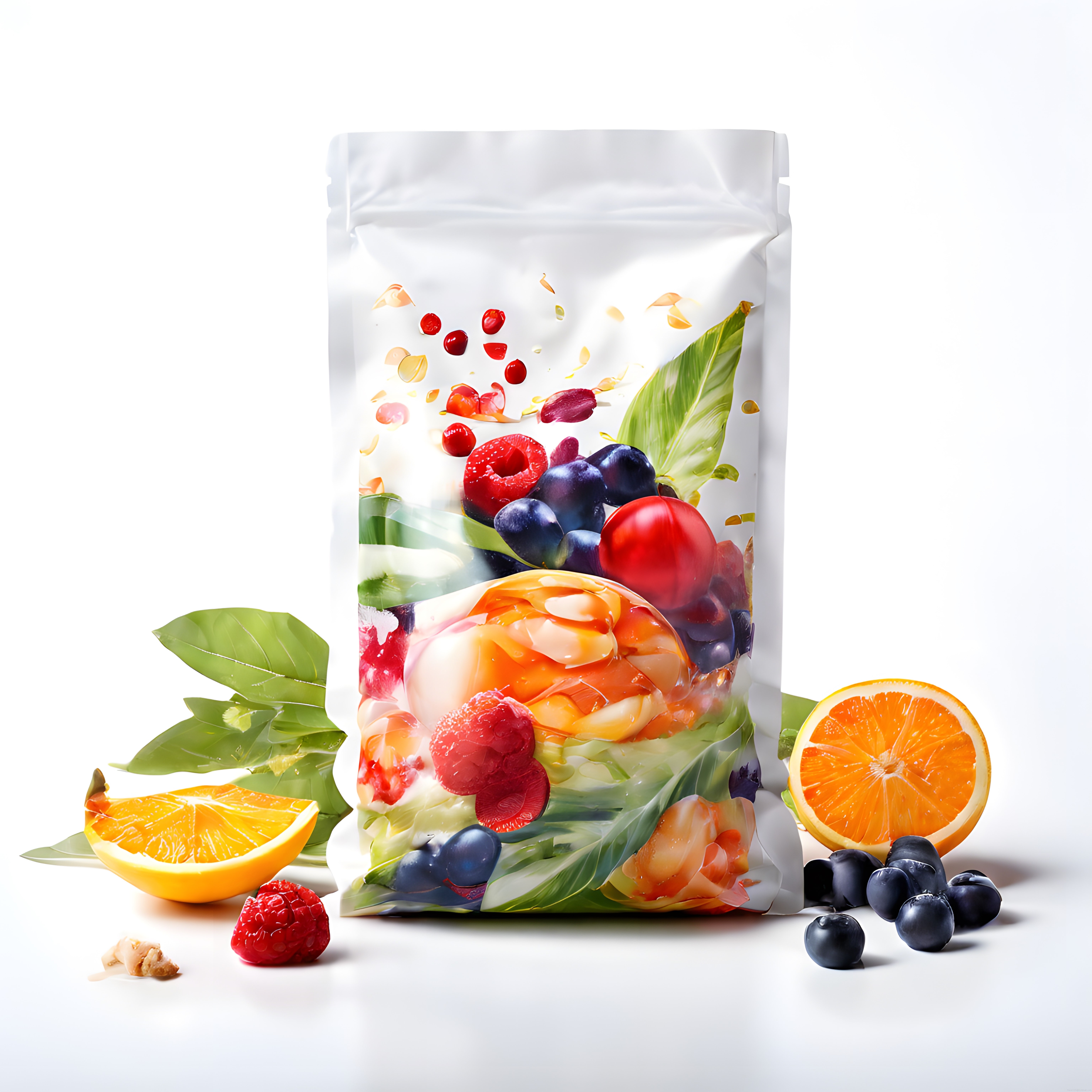 Beyaz Fonda Orman Meyveli Portakallı Doğal Smoothie Tozu Ambalaj Görseli