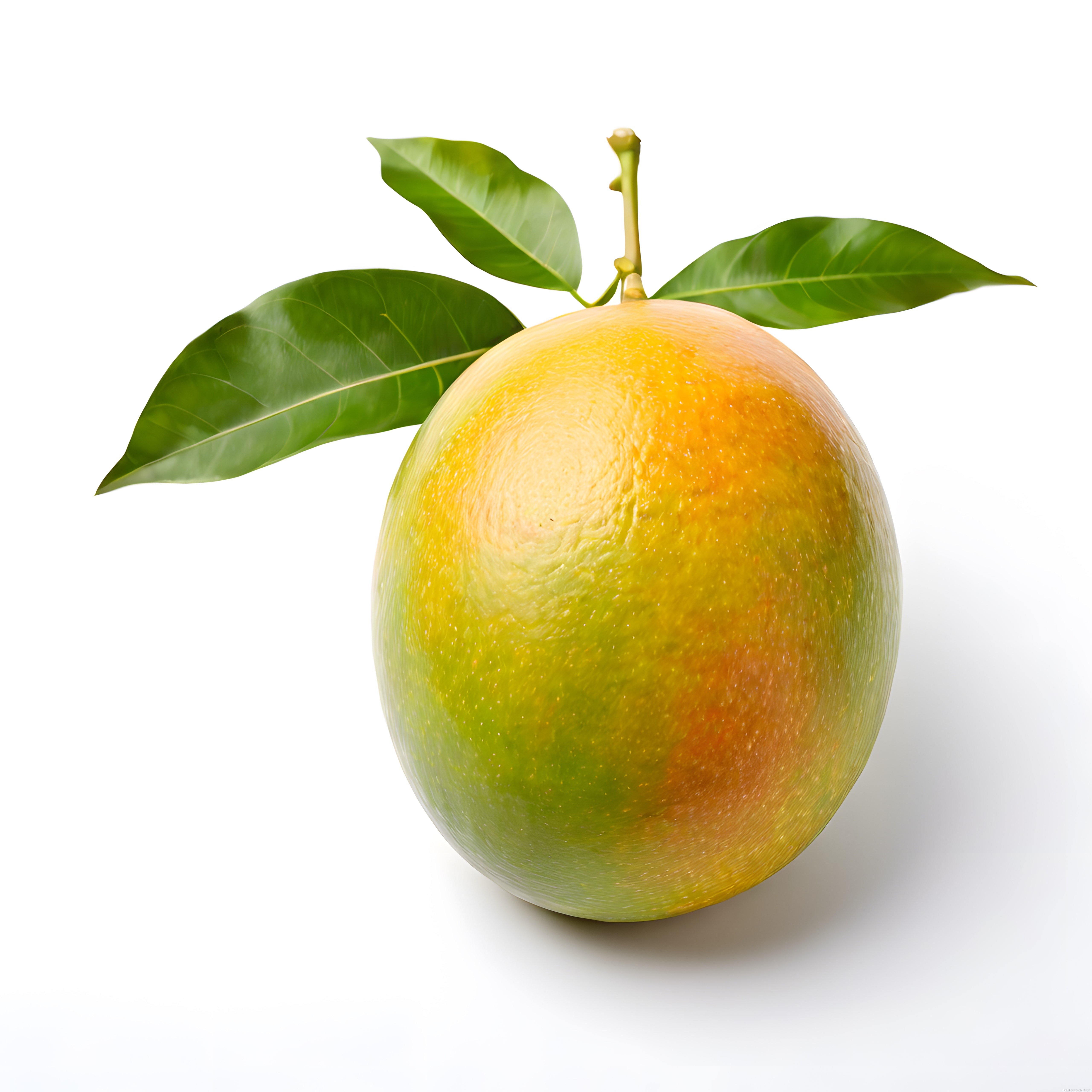 Beyaz Fonda Sapında Yapraklarıyla Duran Taze ve Olgun Mango Meyvesi