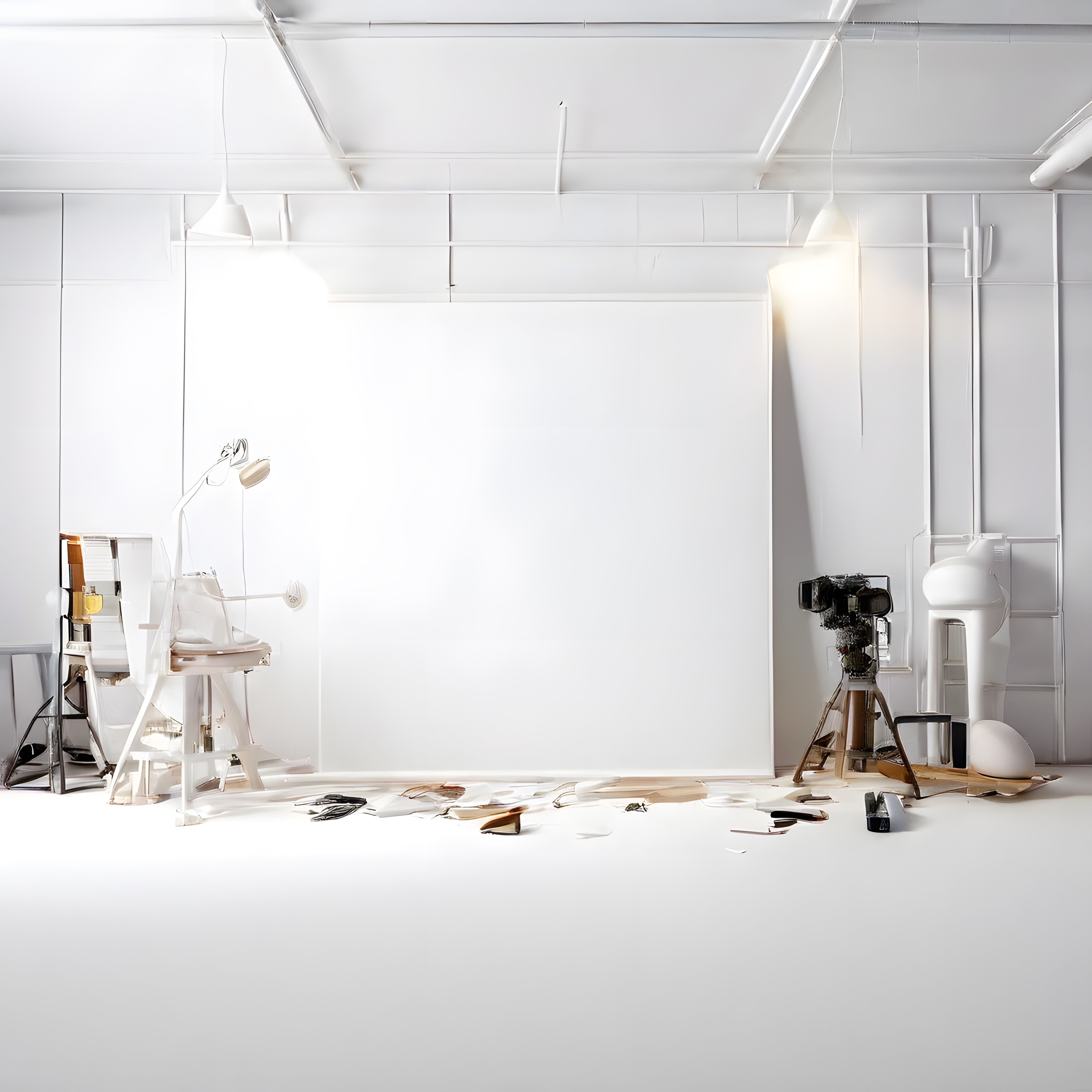 Beyaz Fonlu Profesyonel Fotoğraf Stüdyosu: Minimalist Dekor ve Çekim Alanı