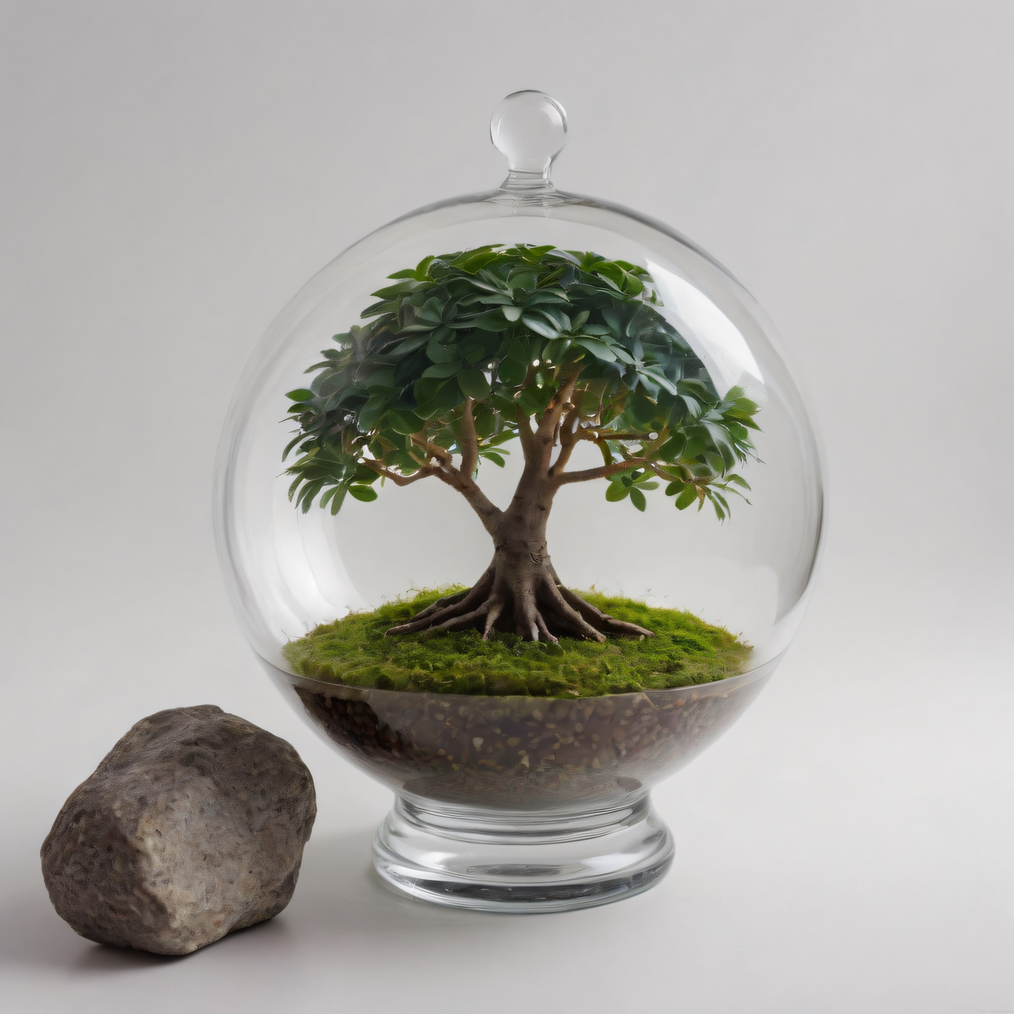 Beyaz Fonlu Şeffaf Fanus İçinde Minyatür Ağaç ve Doğal Taşlı Terrarium Süsü
