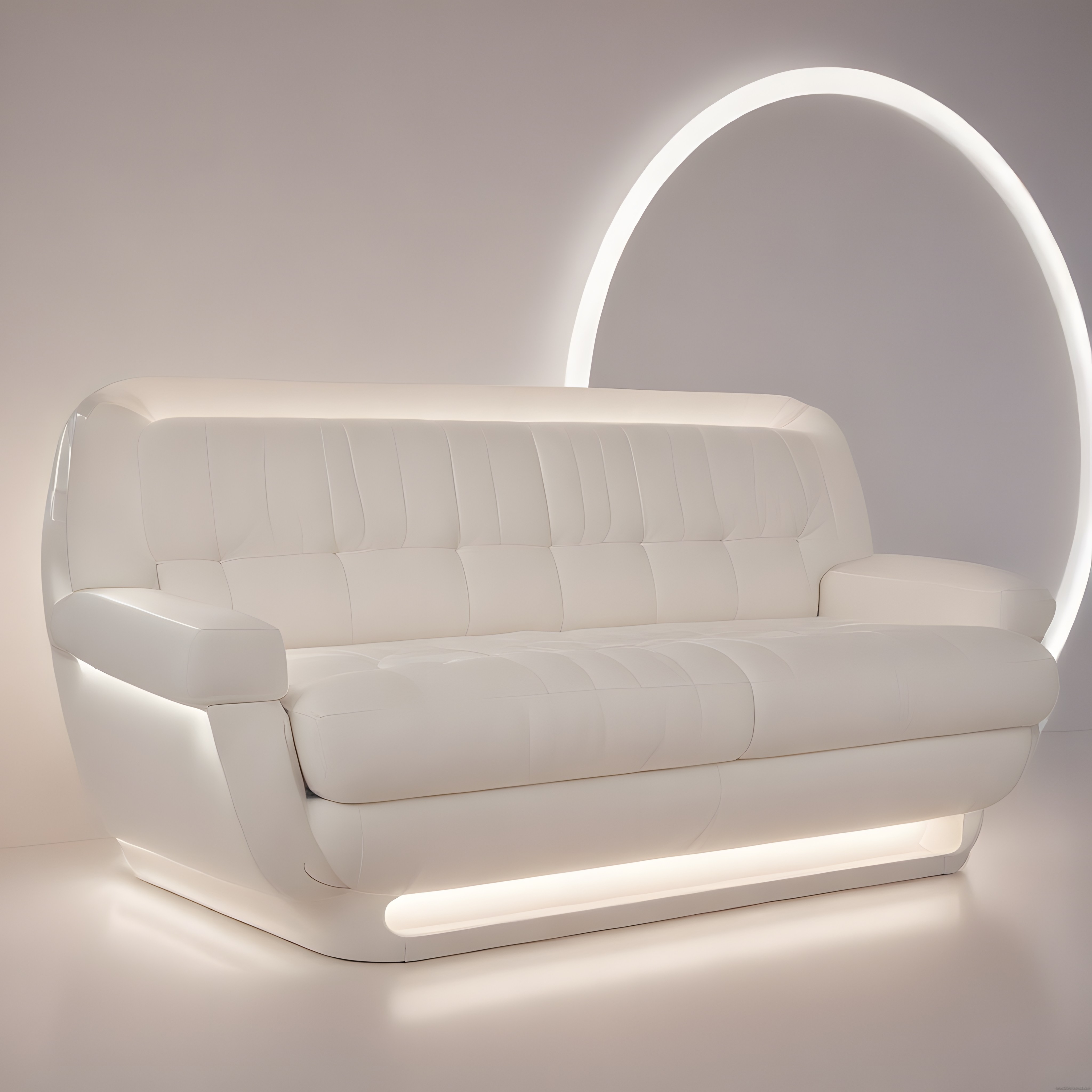 Beyaz Fütüristik Modern Kanepe ve LED Işık Halkası ile Minimalist Dekorasyon