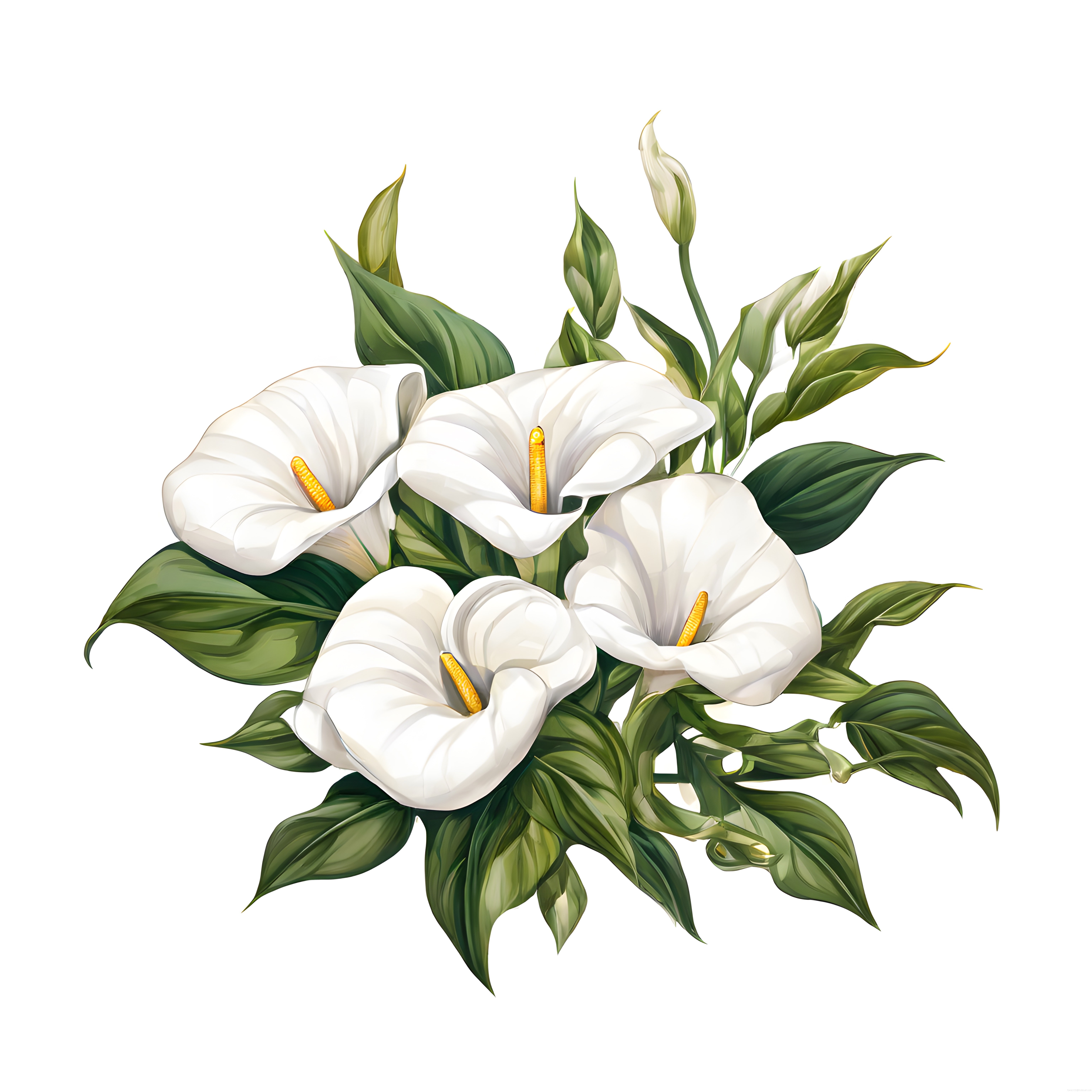 Beyaz Gala Çiçeklerinin Zarif Botanik İllüstrasyonu ve Yeşil Yapraklar