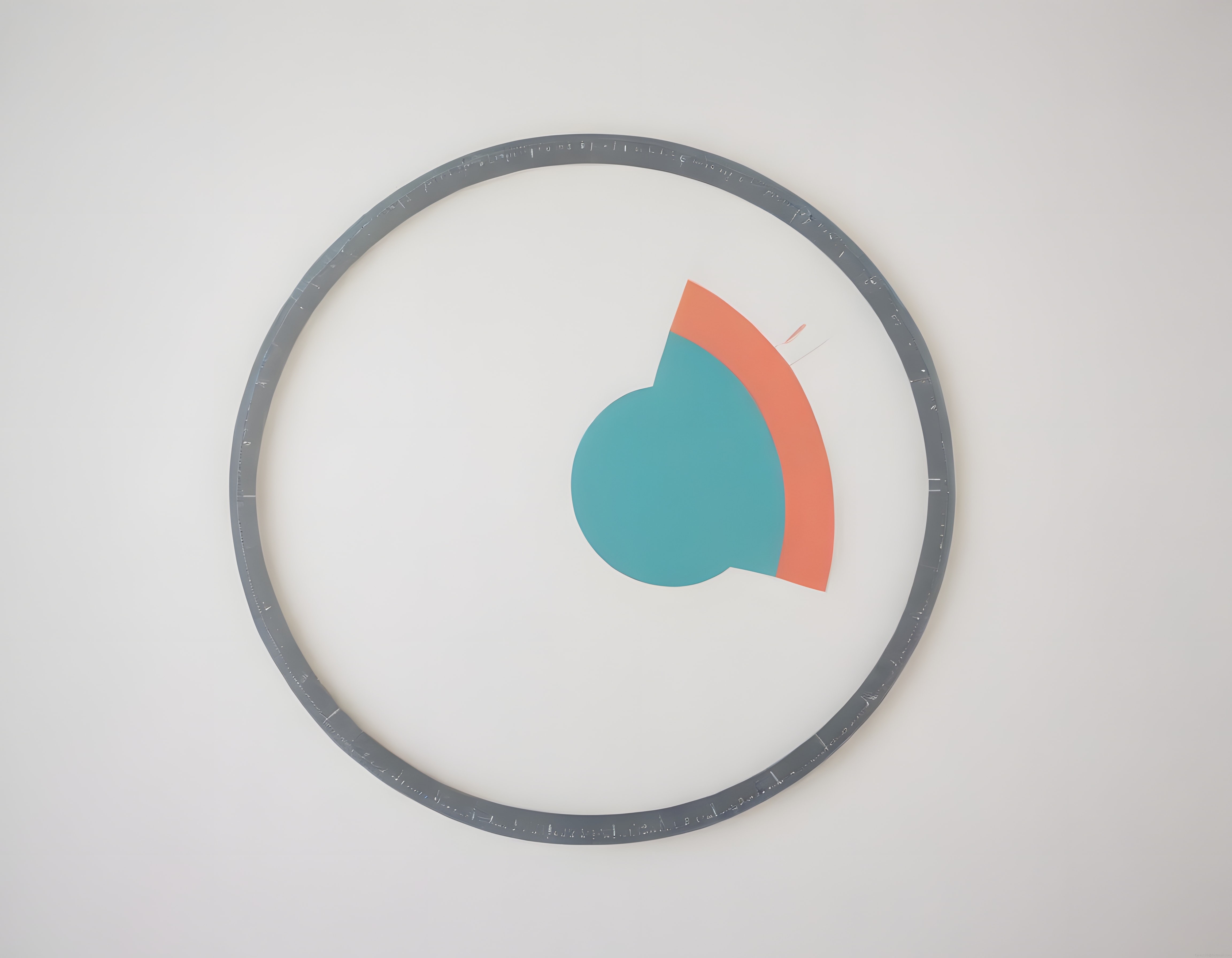 Beyaz Galeri Duvarında Geometrik Dairesel Metal Duvar Heykeli ve Soyut Sanat