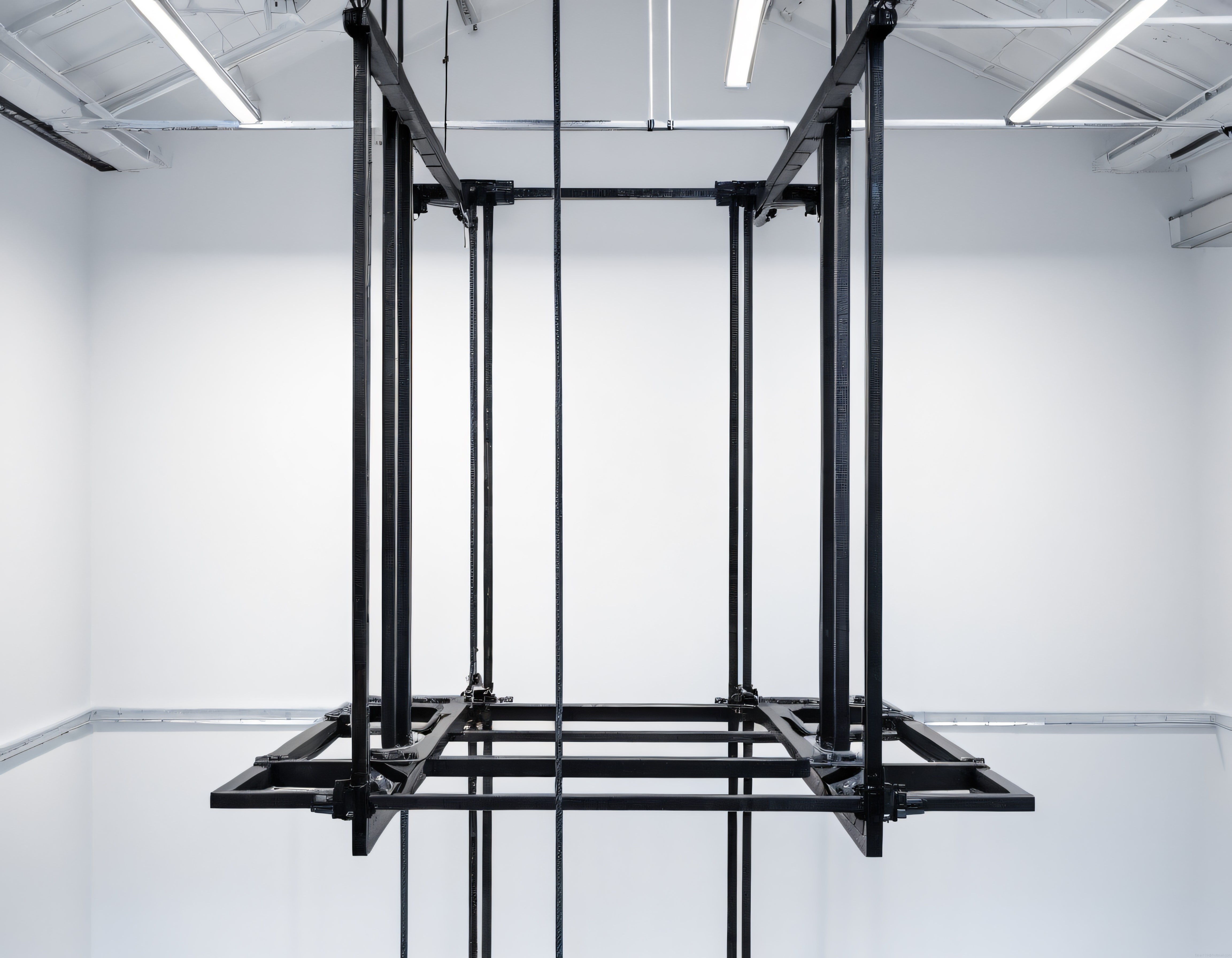 Beyaz Galeride Asılı Siyah Metal Geometrik Enstalasyon Sanat Eseri