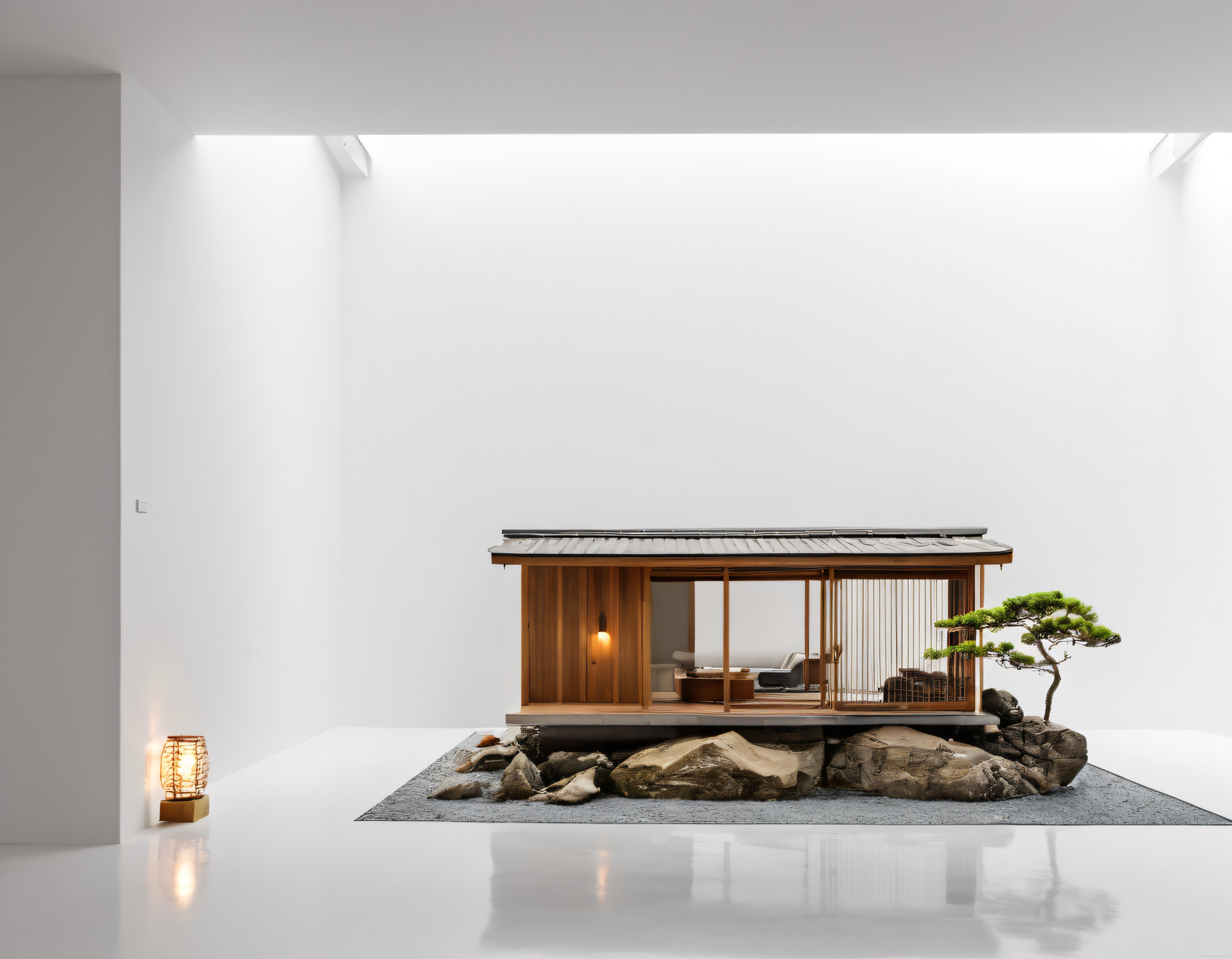 Beyaz Galeride Sergilenen Geleneksel Japon Tarzı Ahşap Maket ve Zen Bahçesi