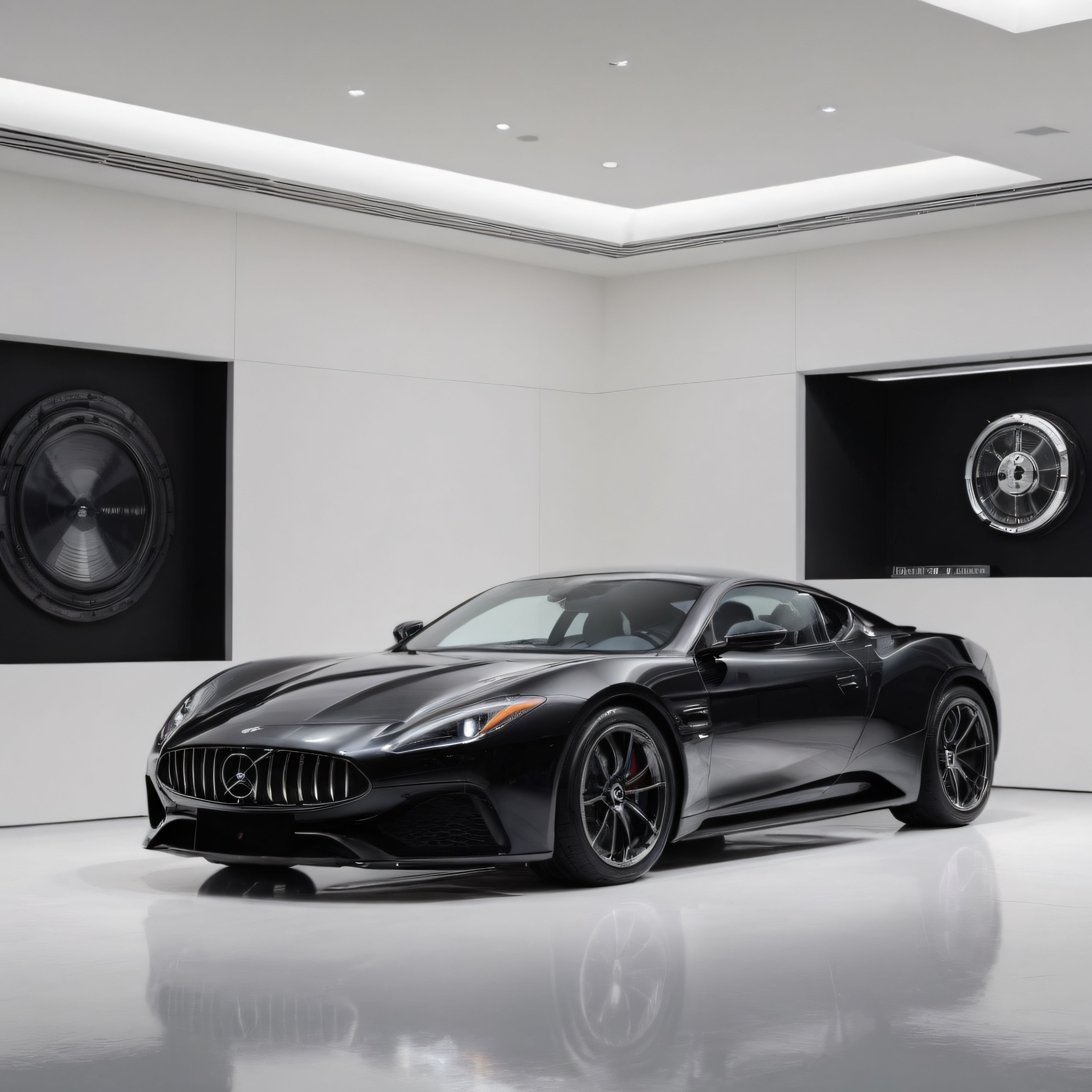 Beyaz galeride sergilenen siyah Maserati spor otomobilin etkileyici ve şık tasarımı