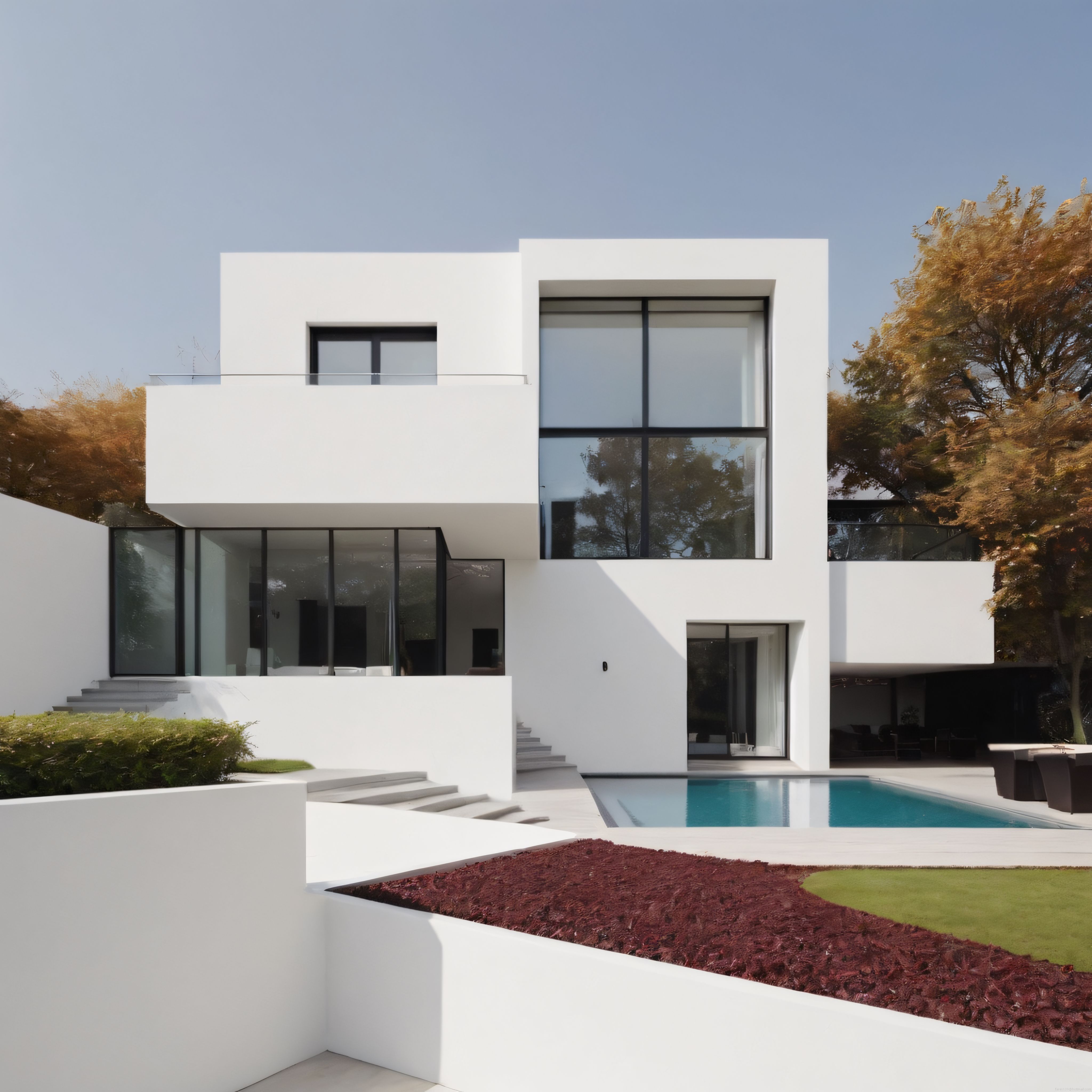 Beyaz Geometrik Cephe ve Cam Detaylarla Öne Çıkan Modern Villa Tasarımı