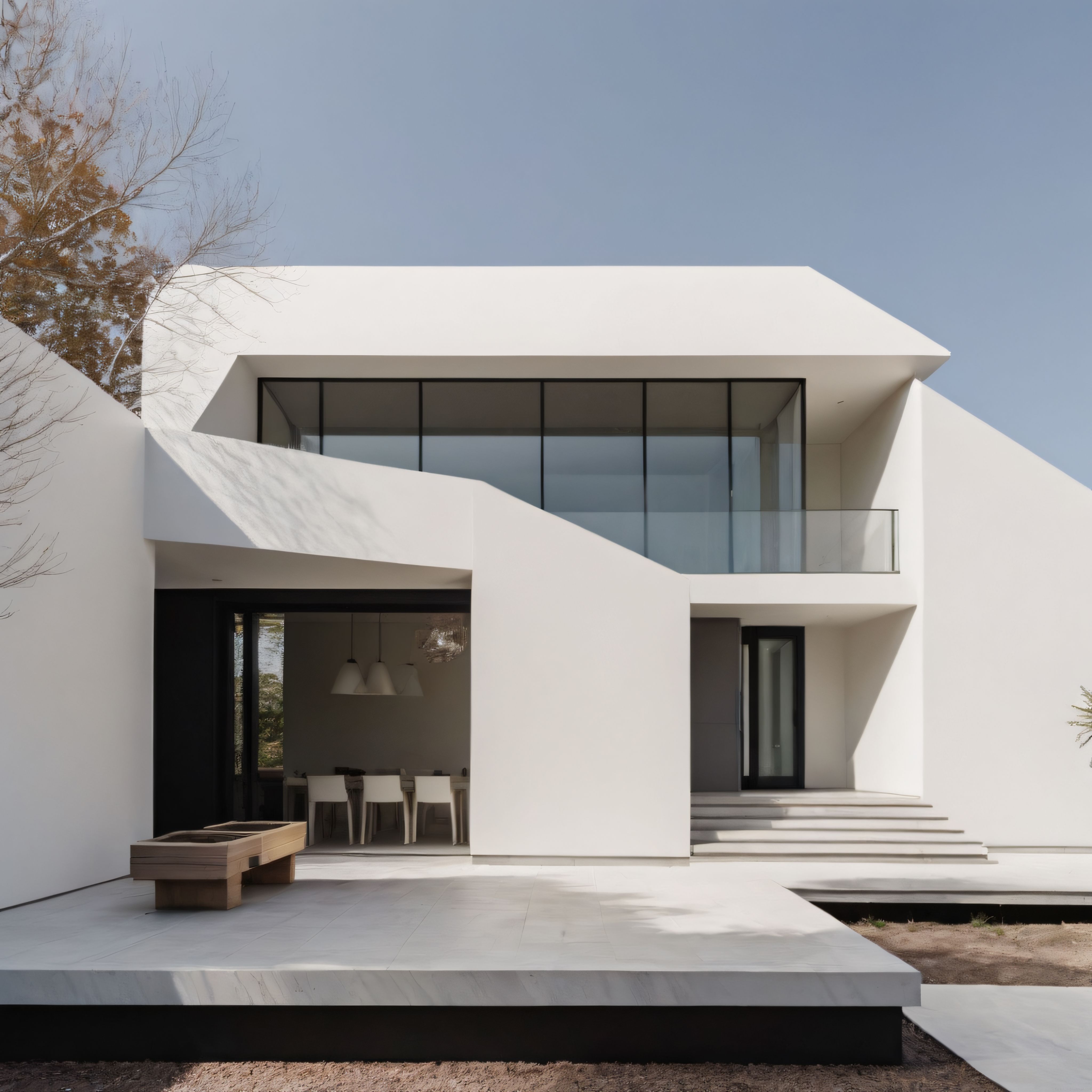 Beyaz Geometrik Cepheli Minimalist Modern Villa ve Geniş Cam Pencereler