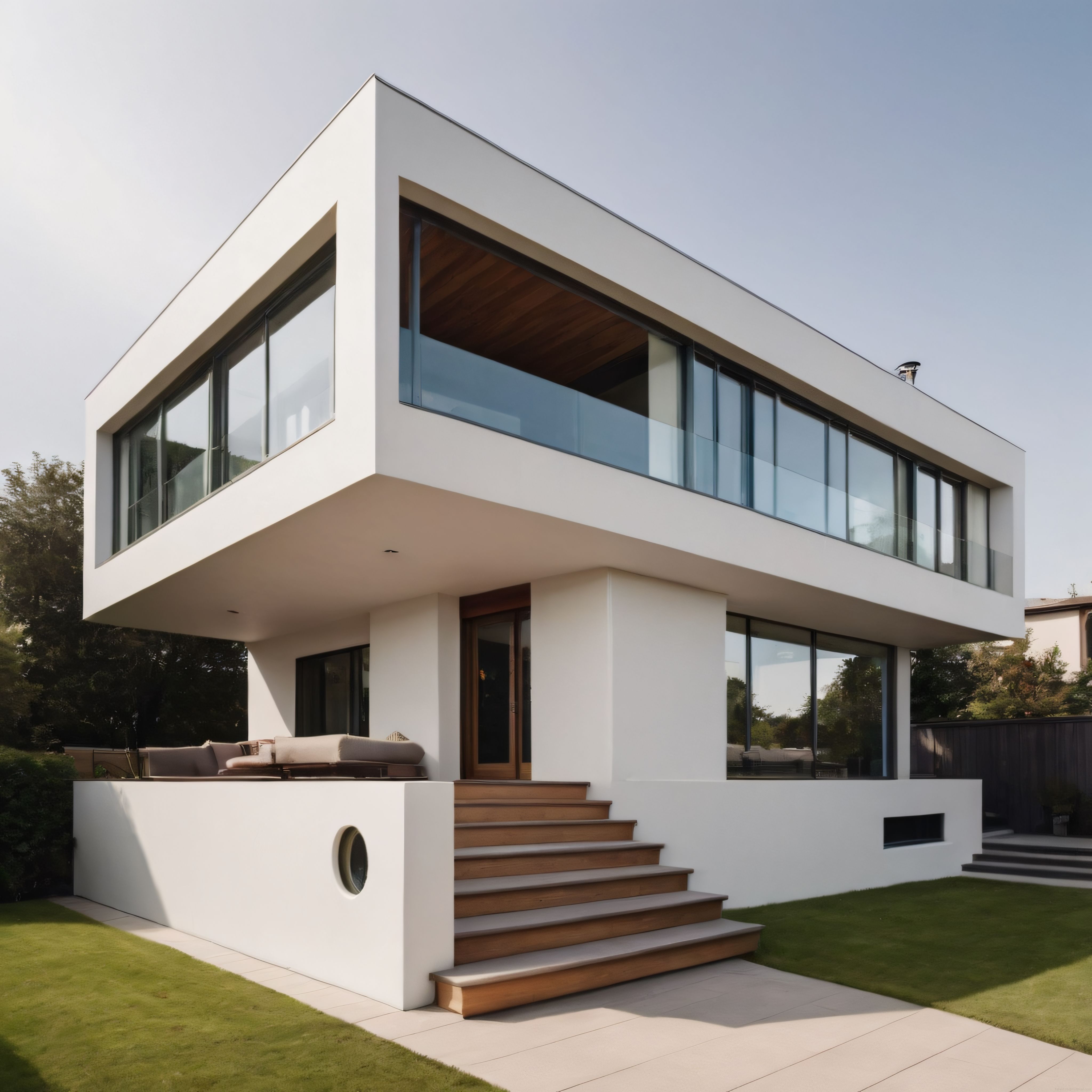 Beyaz Geometrik Çizgiler ve Ahşap Detaylarla Tasarlanmış Lüks Modern Villa