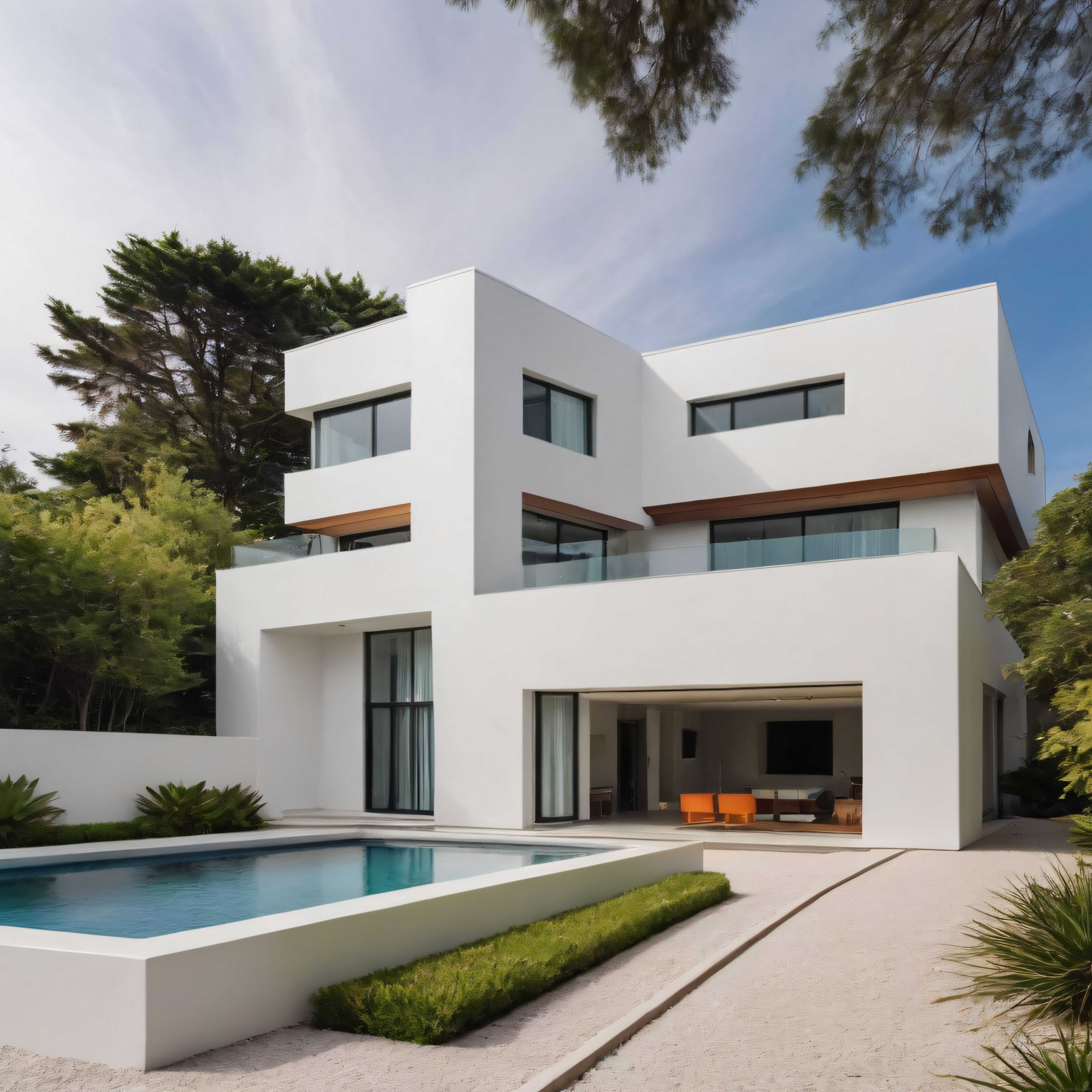 Beyaz Geometrik Çizgiler ve Sonsuz Havuzuyla Modern Orman Villası