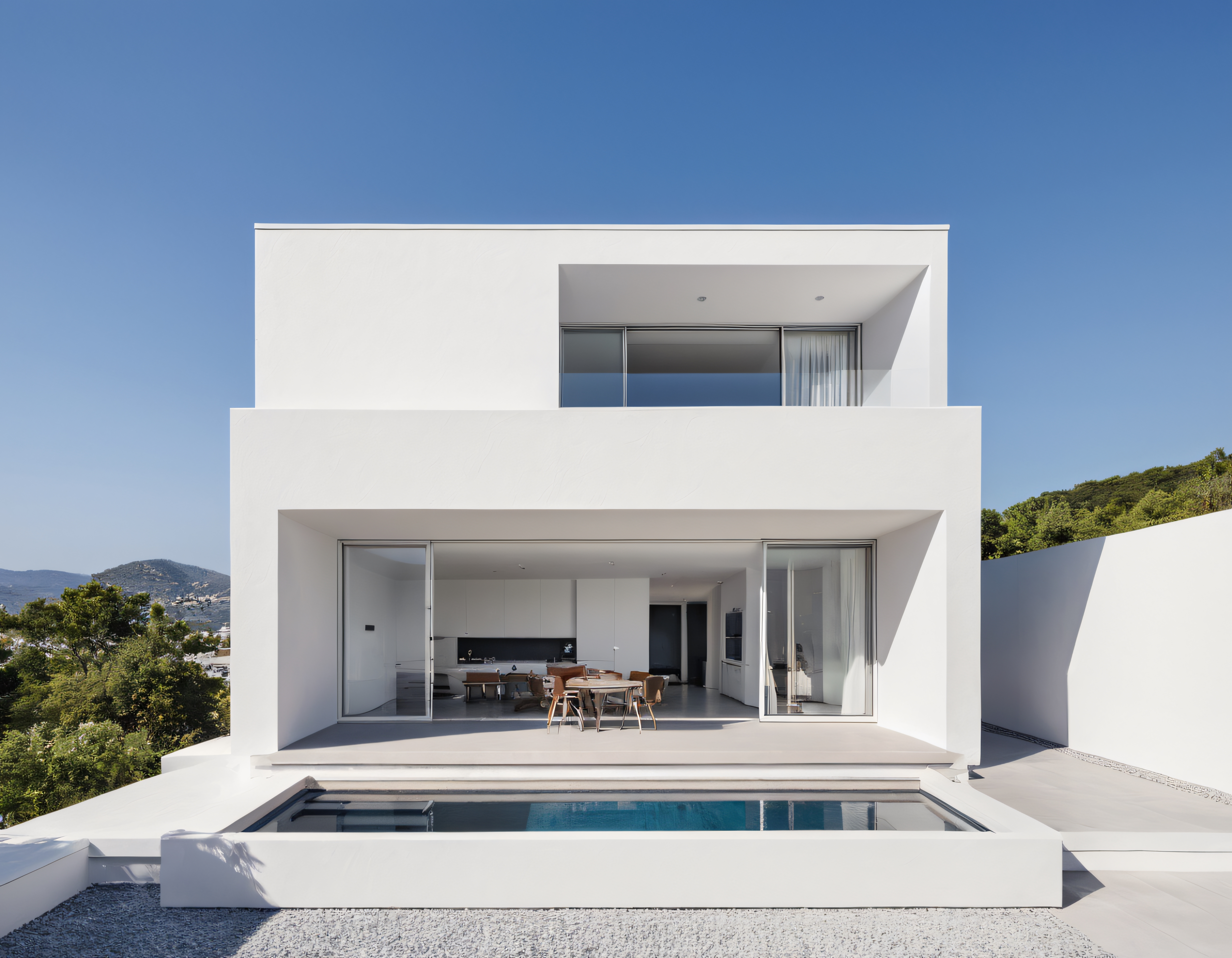 Beyaz Geometrik Çizgilerle Tanımlanan Modern Villa ve Gömme Havuz Tasarımı