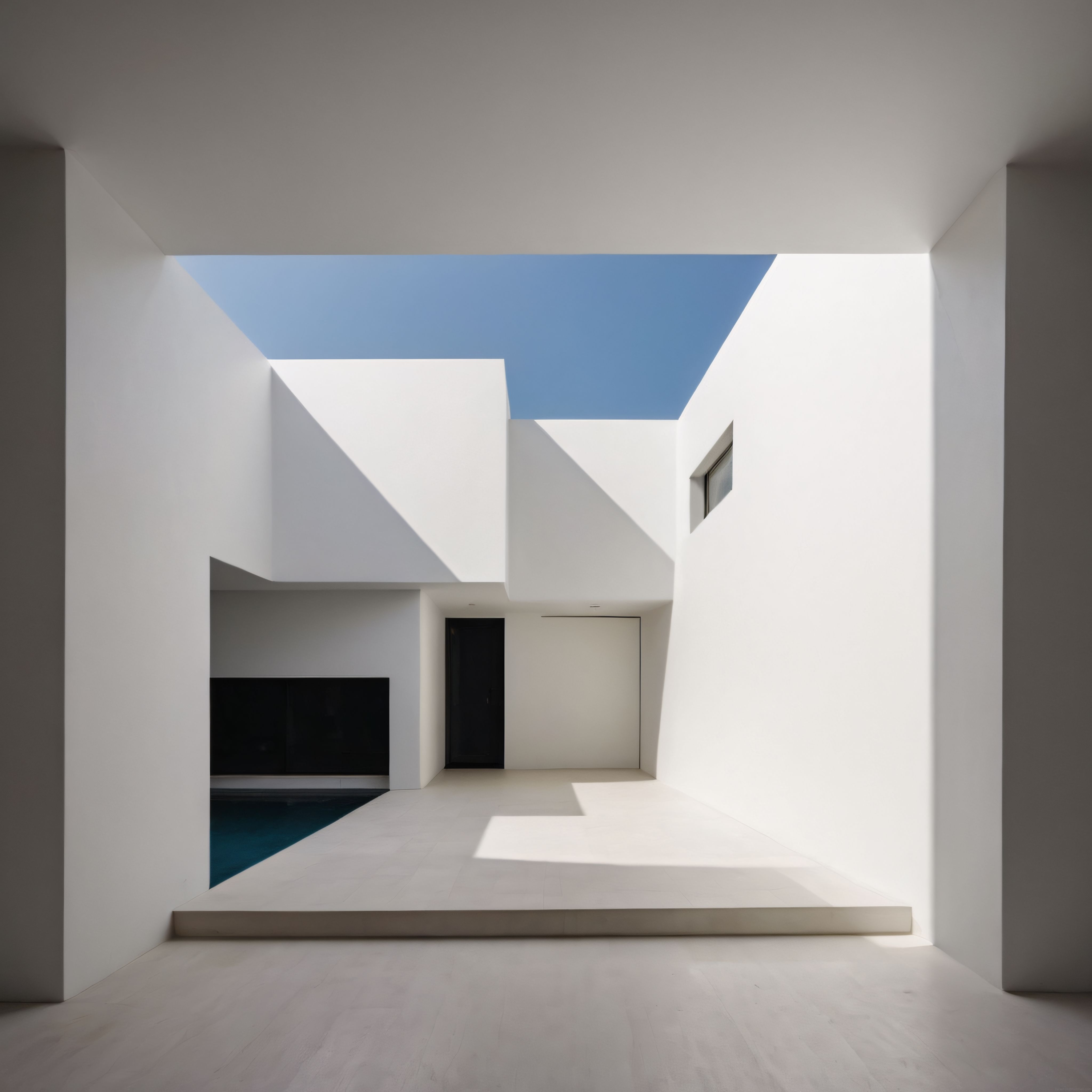 Beyaz Geometrik Duvarlar, Açık Mavi Gökyüzü ve Sessiz Minimalist Mimari Avlu