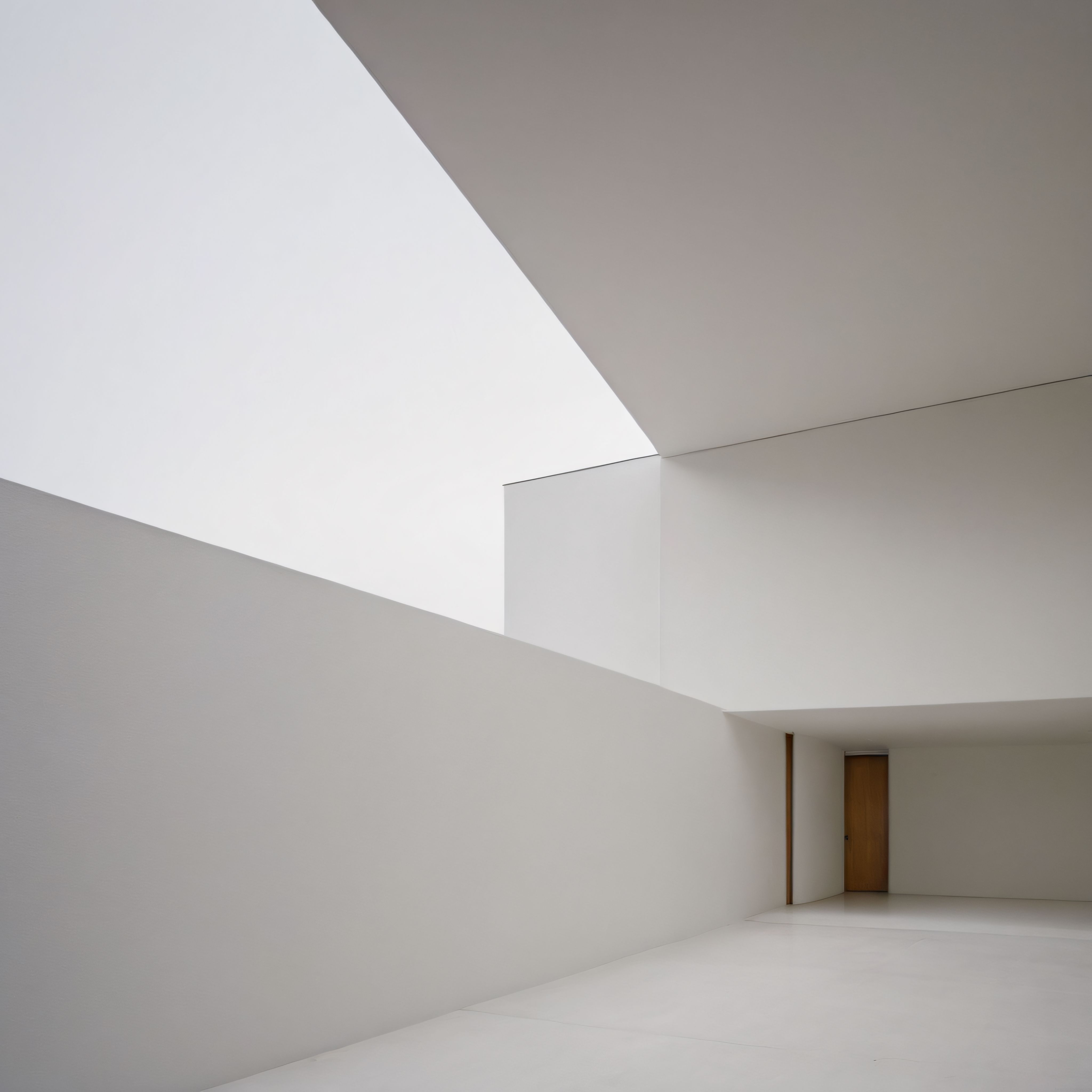 Beyaz Geometrik Duvarlar ve Ahşap Kapının Uyumuyla Minimalist Mimari İç Mekan