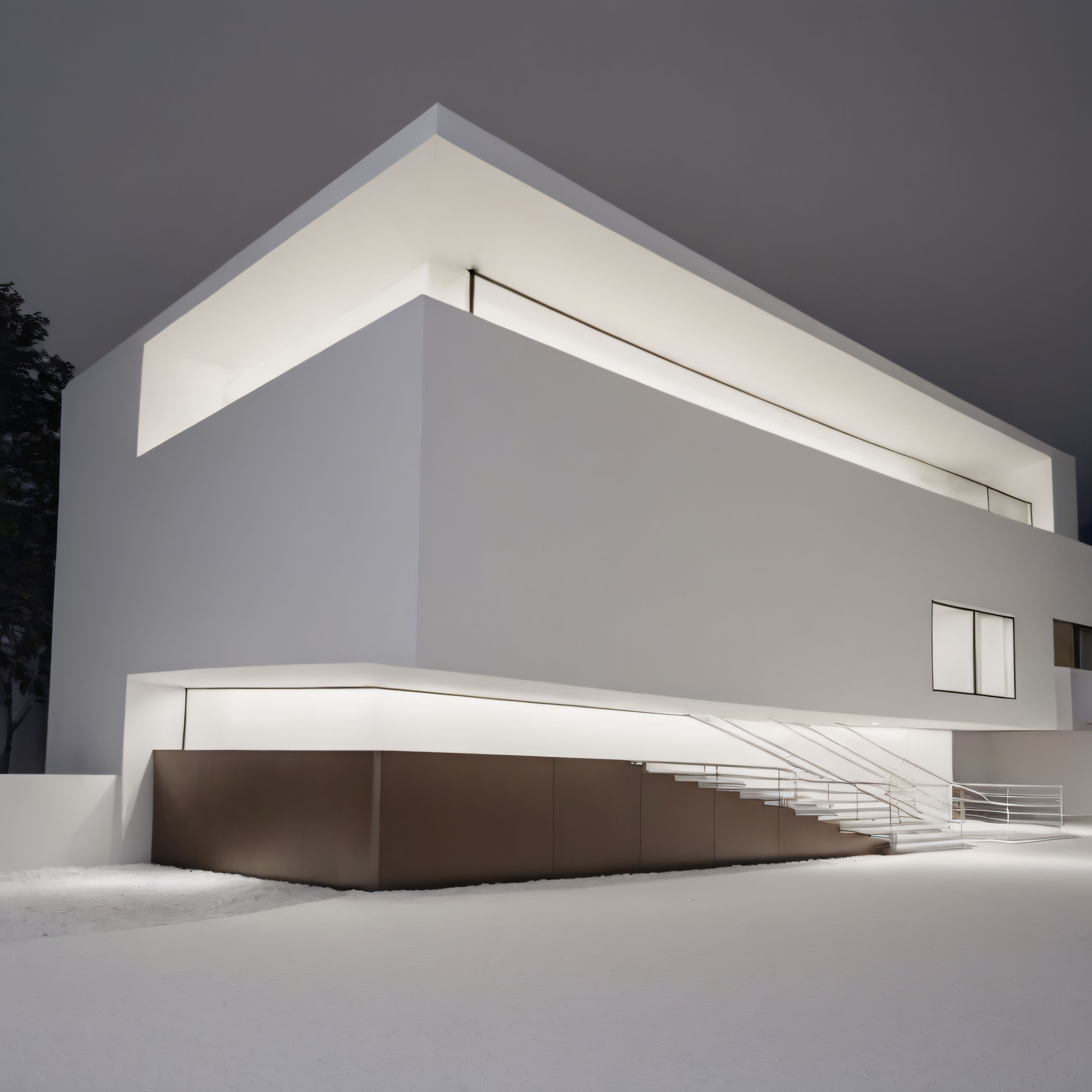 Beyaz Geometrik Formların Dramatik Işıklandırmayla Buluştuğu Modern Yapı