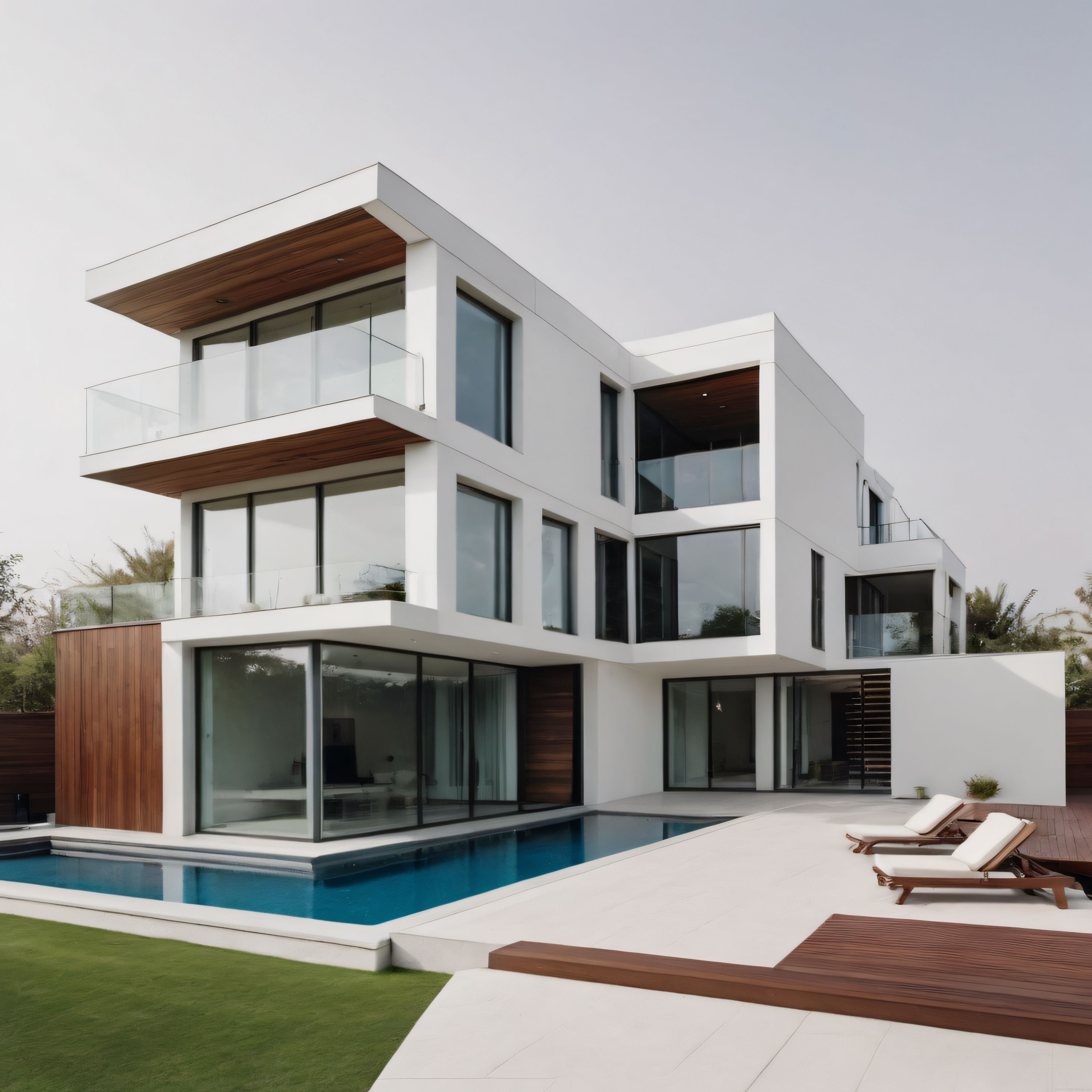 Beyaz Geometrik Hacimler ve Ahşap Detaylarla Modern Lüks Villa Projesi