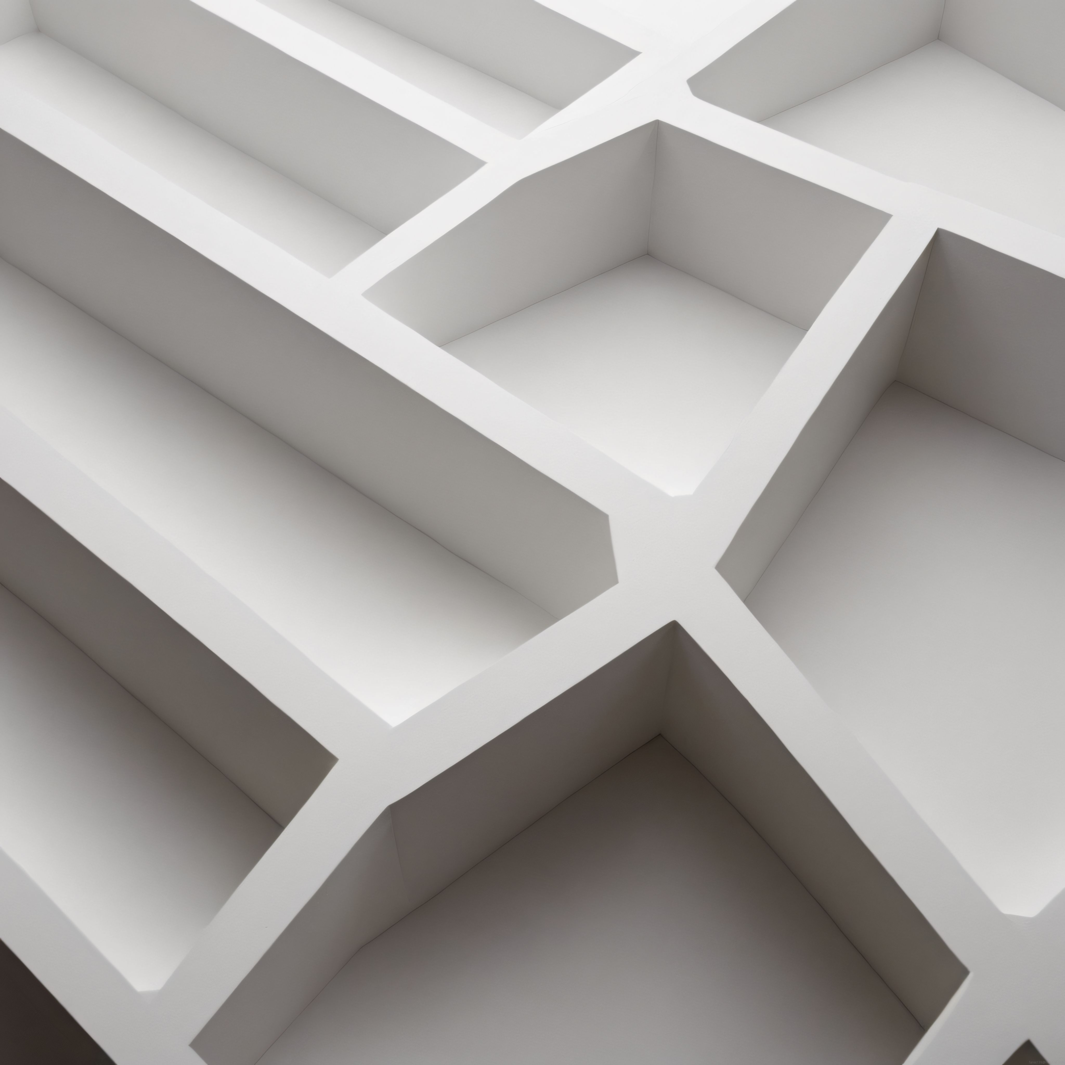 Beyaz Geometrik Labirent: Minimalist 3D Soyut Mimari Detay ve Gölge Oyunu