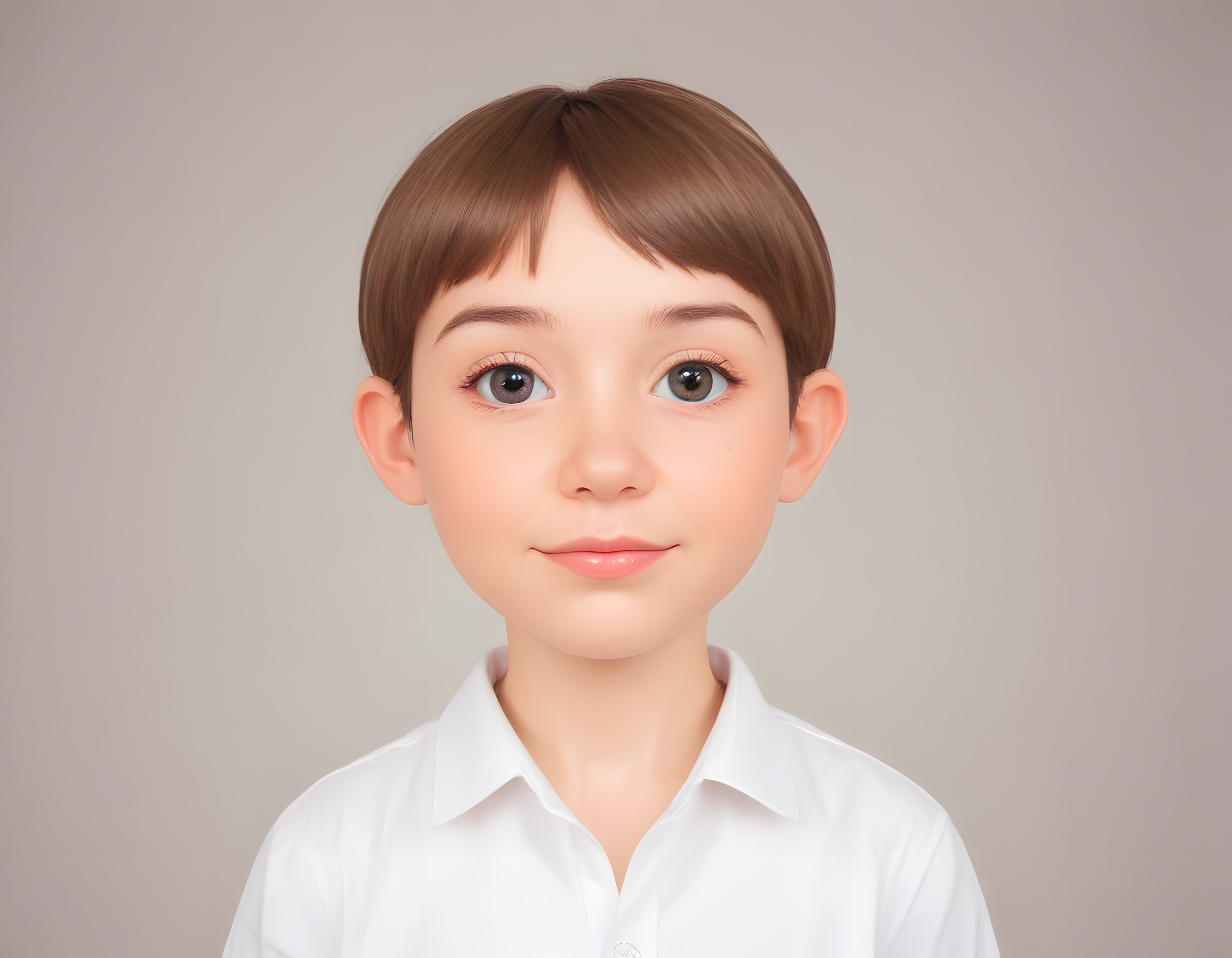 Beyaz gömlekli çocuğun pastel tonlarda dijital portre çizimi ve sade arka plan