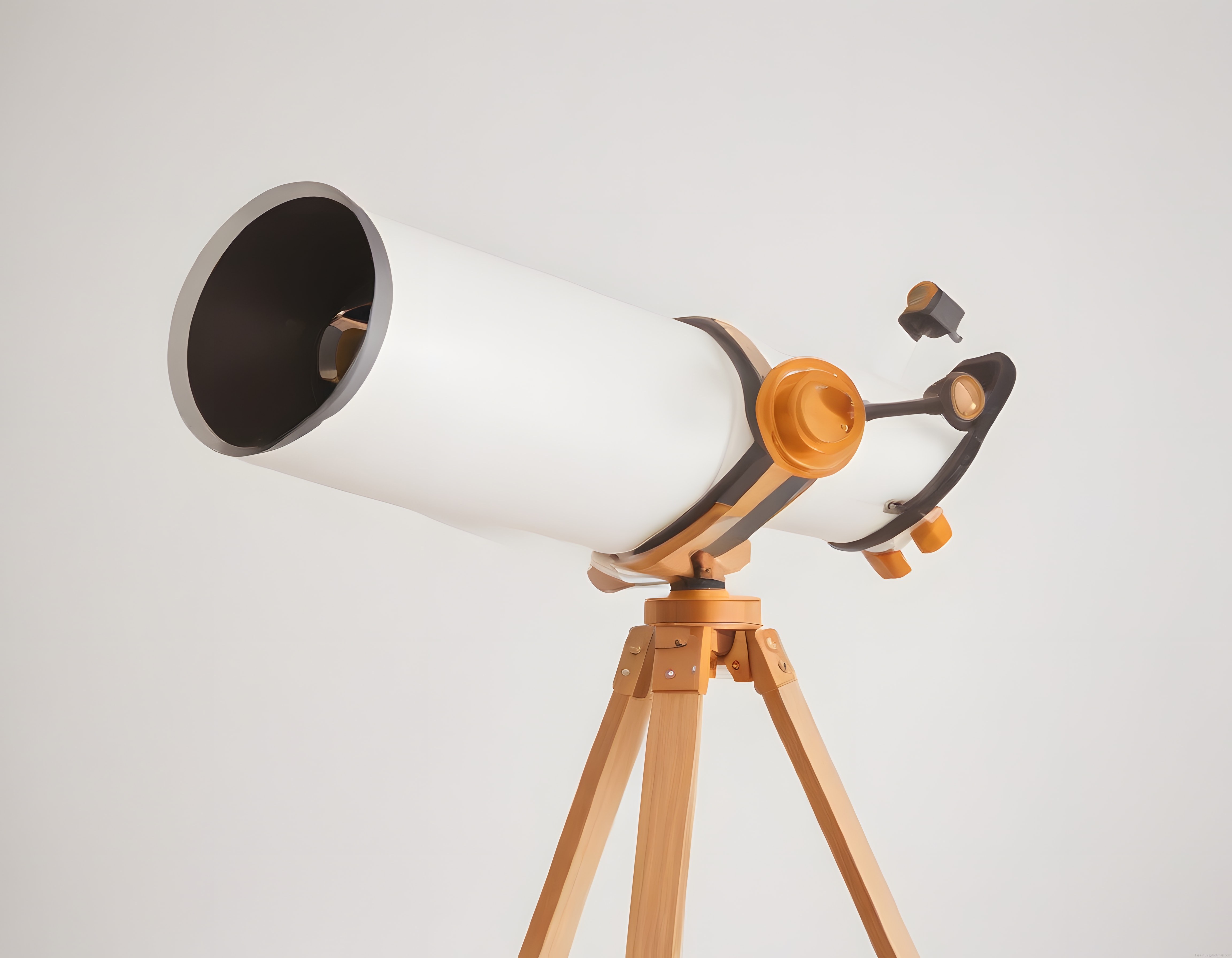 Beyaz Gövde ve Ahşap Tripotlu Modern Astronomi Teleskobu Stüdyo Görünümü