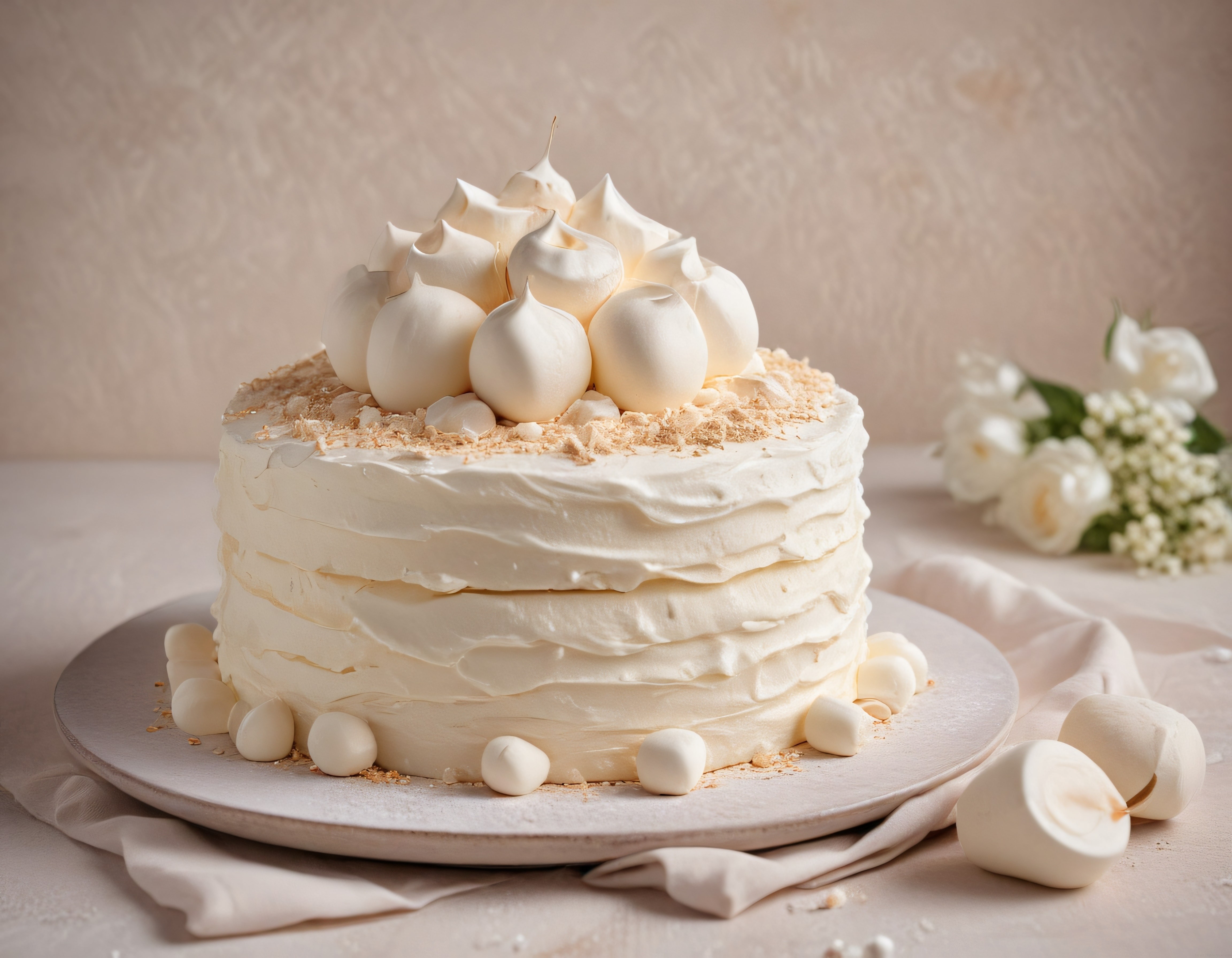 Beyaz Güller Eşliğinde Marshmallowlu ve Bezeli Kremalı Butik Pasta