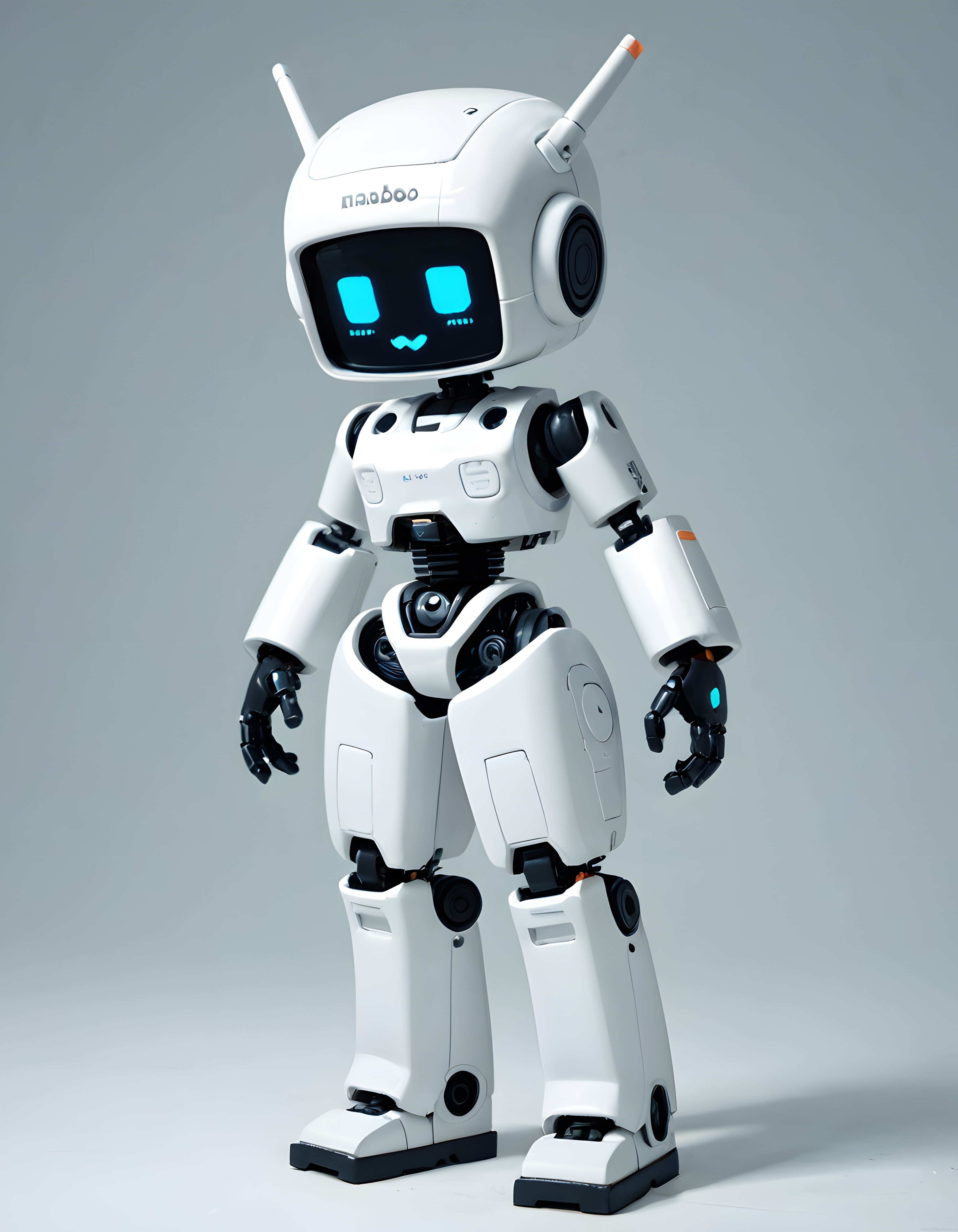 Beyaz İnsansı Robot Arkadaş: Sevimli Dijital Yüz ve Modern Mekanizma