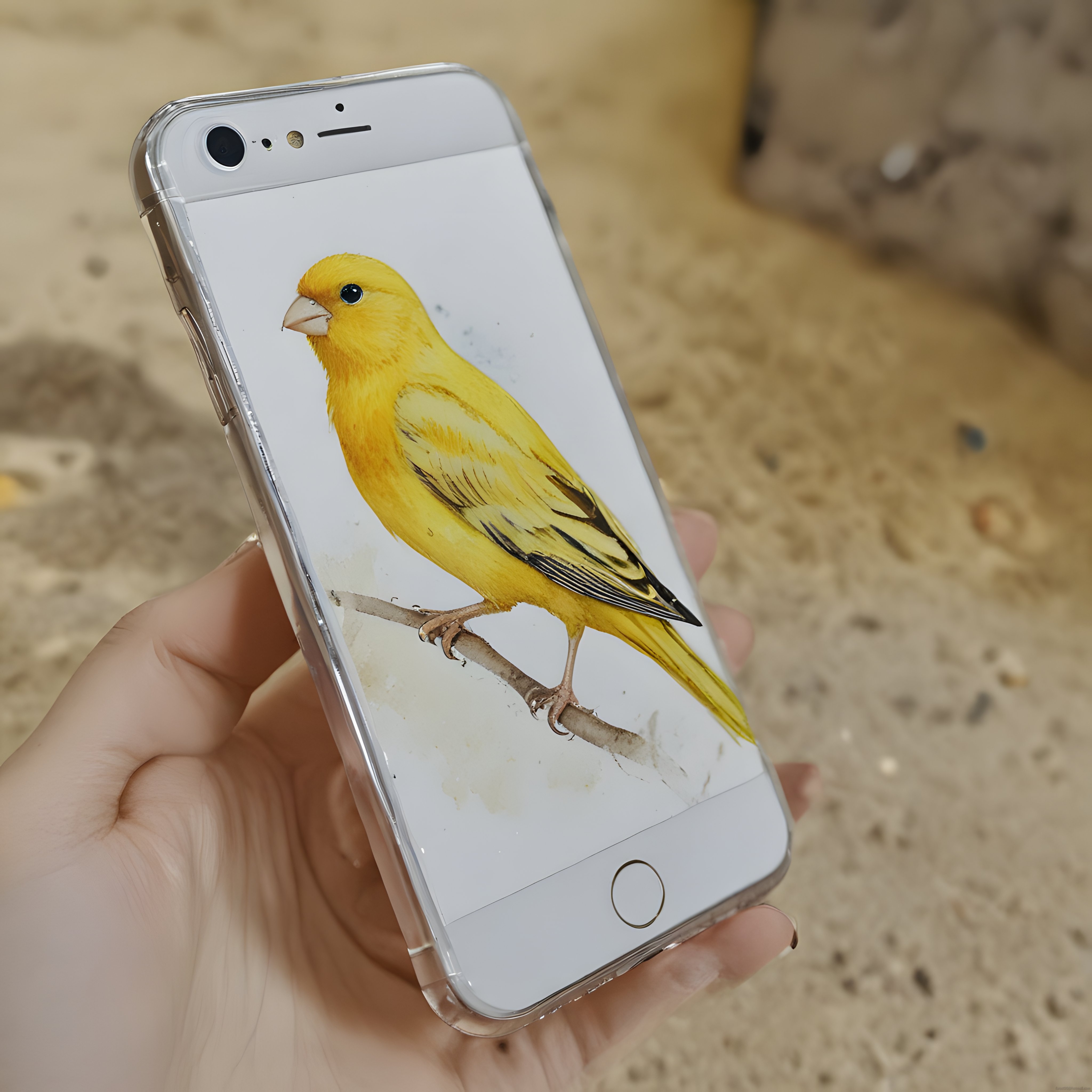Beyaz iPhone'da sarı kanarya resmi: Şeffaf kılıf ve doğa temalı duvar kağıdı