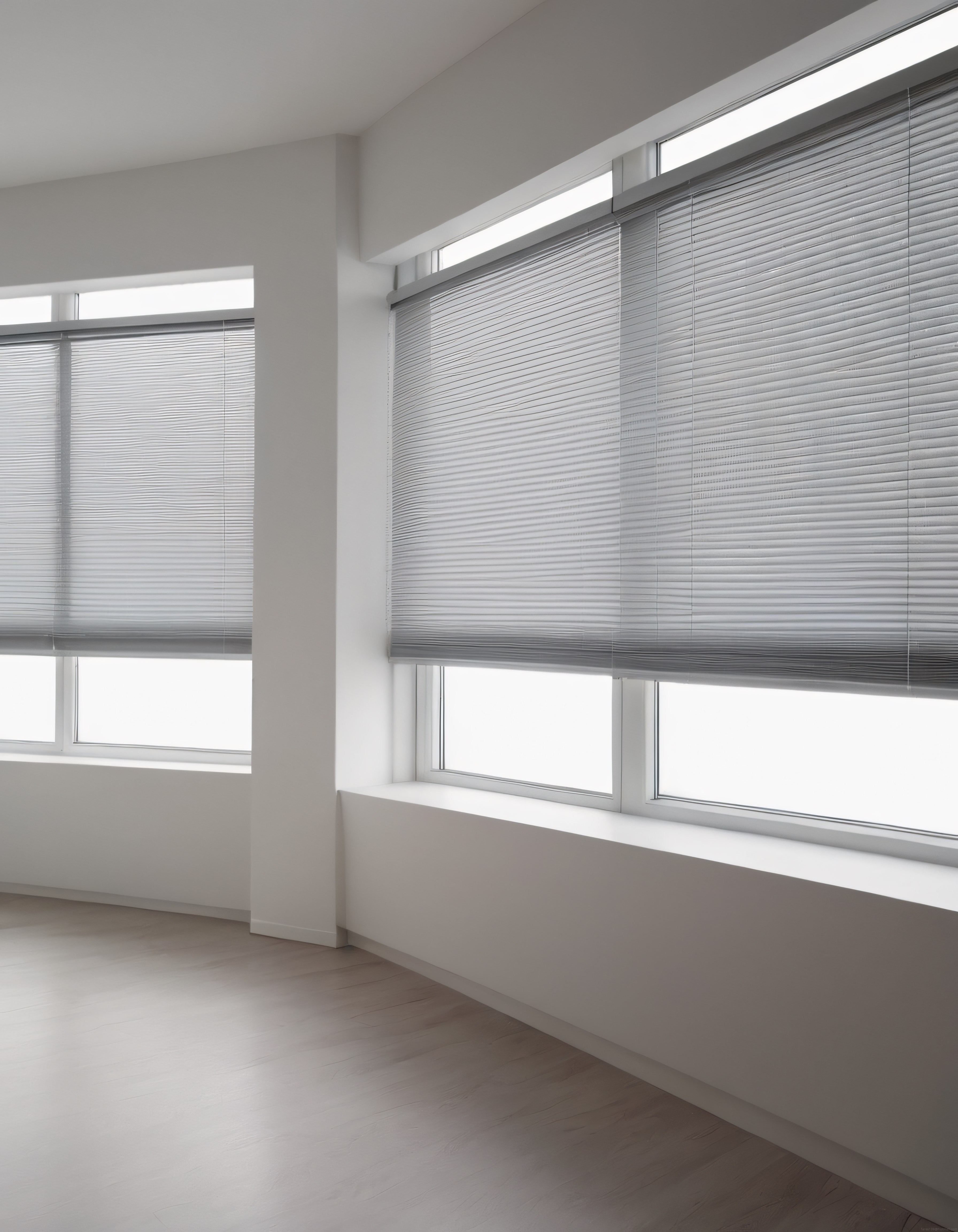 Beyaz Işık Dolu Geniş Odada Gri Balıksırtı Stor Perdeler ve Minimal Dekorasyon