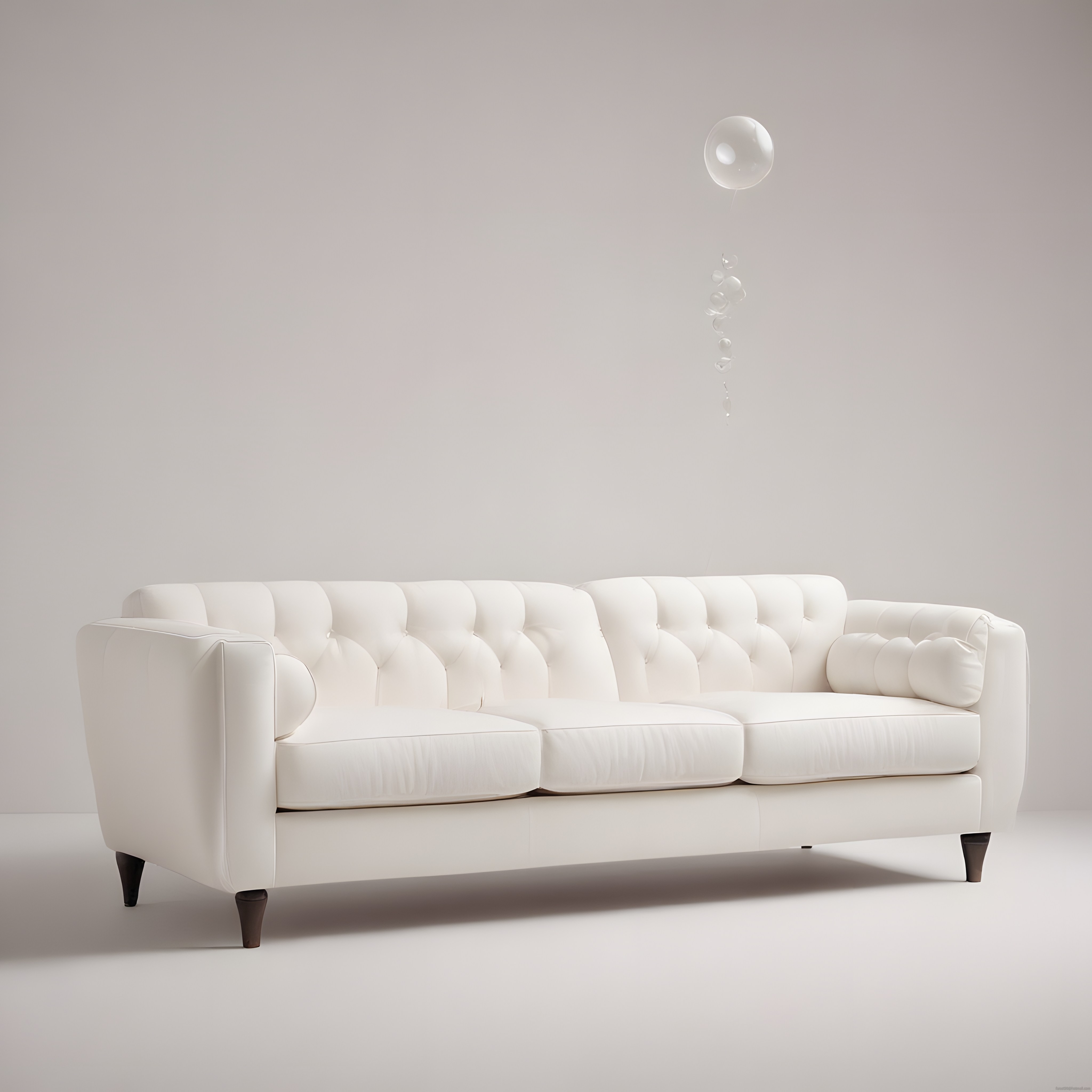 Beyaz Kadife Chesterfield Kanepe ve Havadaki Dekoratif Cam Baloncuk