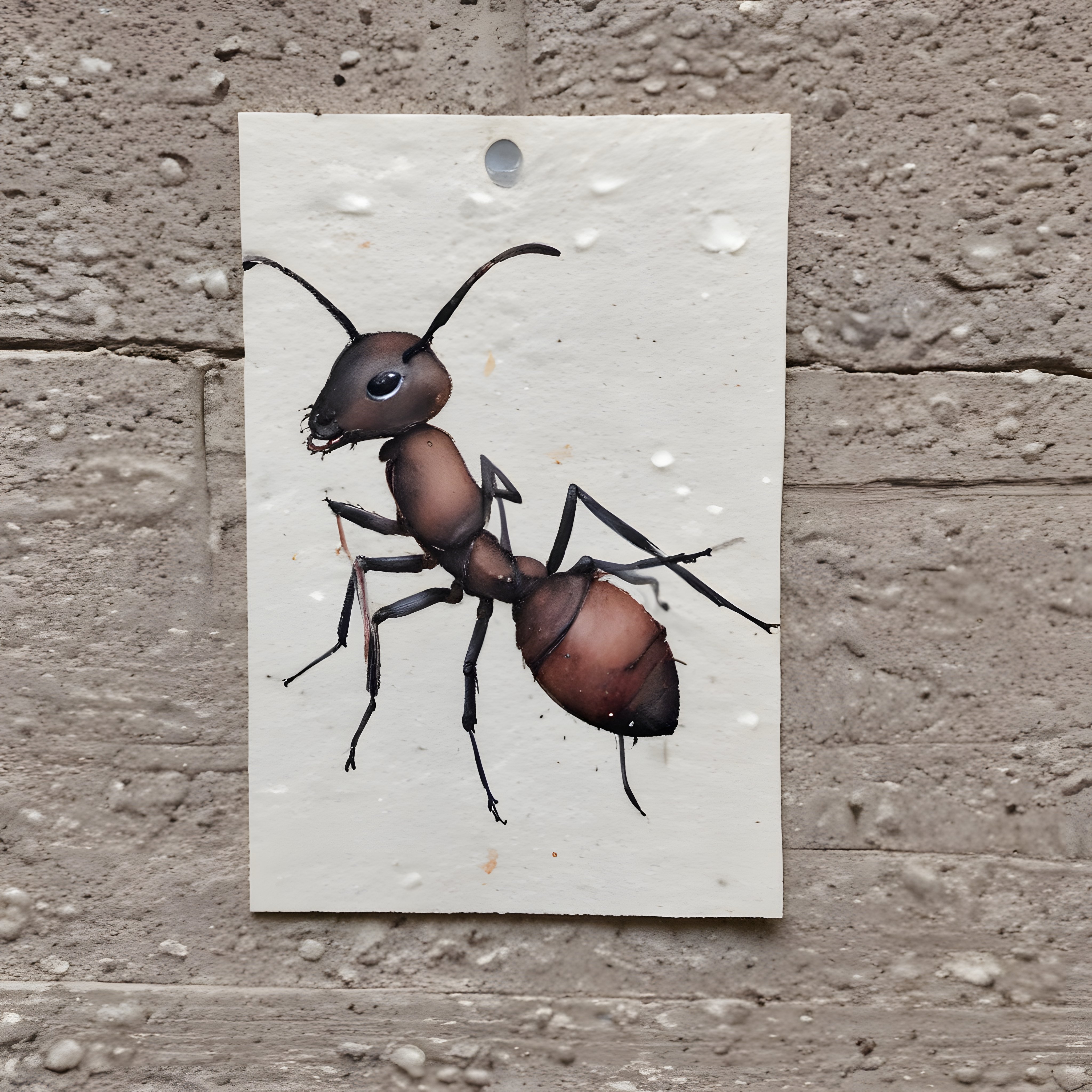 Beyaz kağıt üzerinde tuğla duvara asılı gerçekçi karınca sanat çalışması
