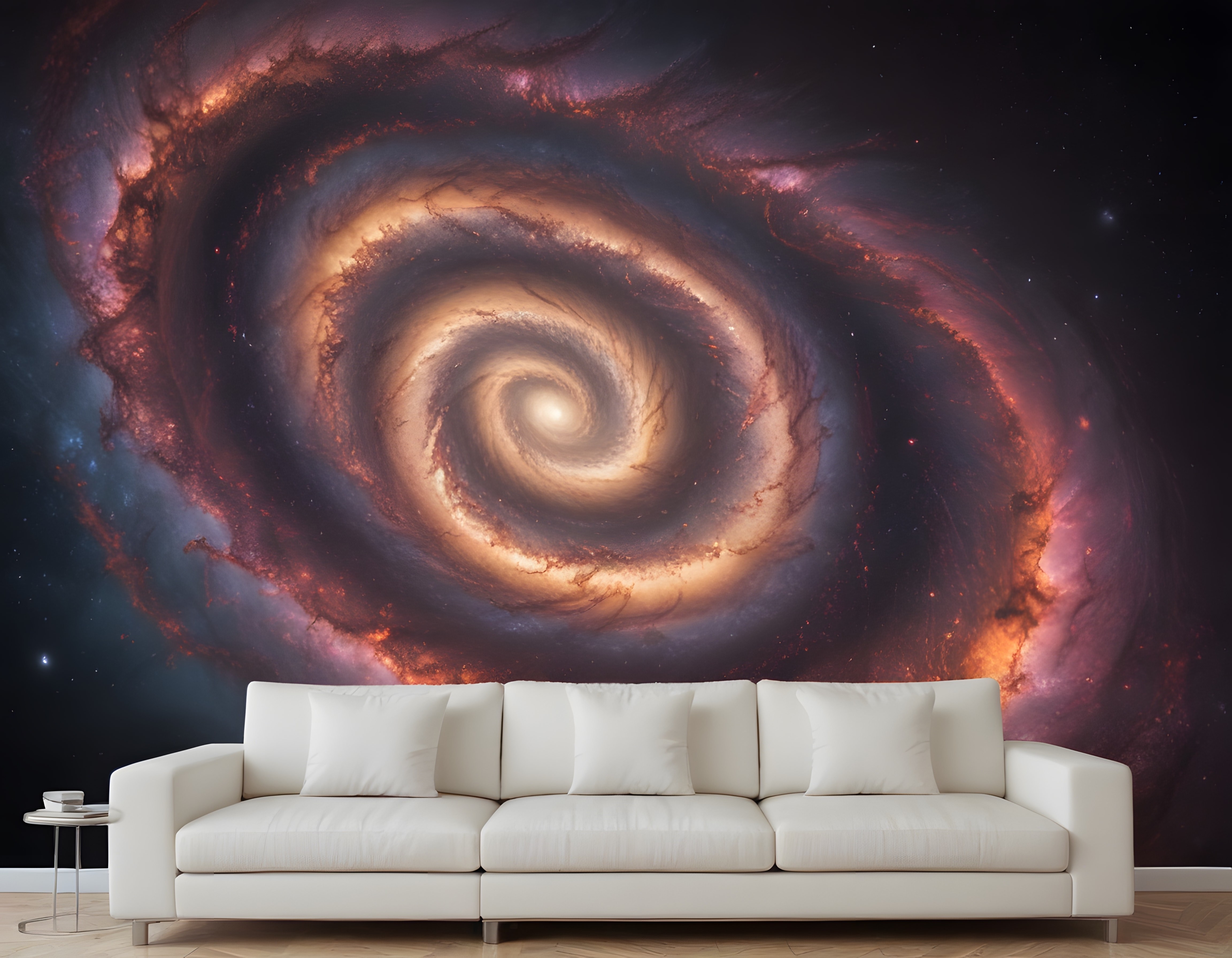 Beyaz Kanepe Önünde Sarmal Galaksi ve Nebula Desenli Uzay Duvar Kağıdı
