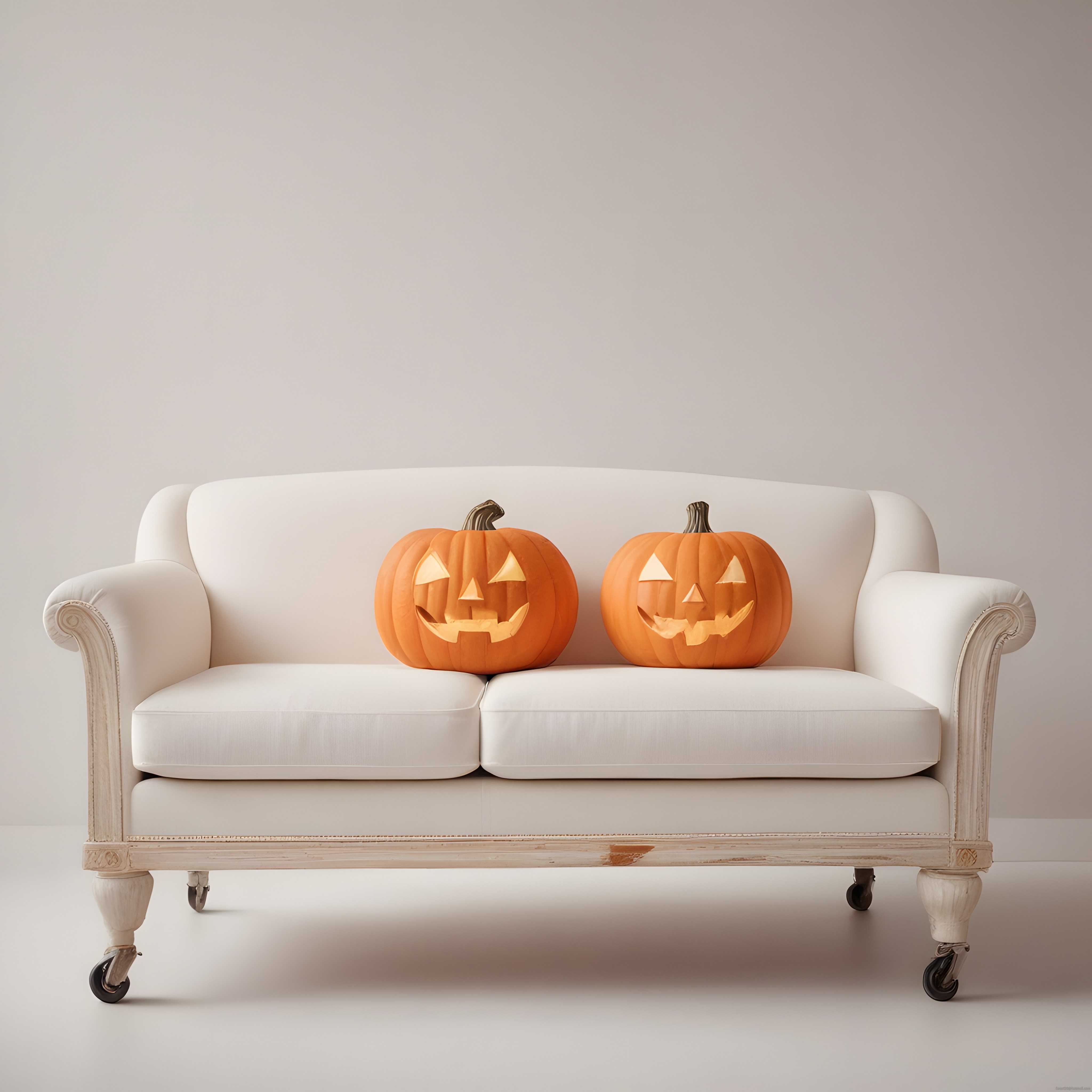 Beyaz Kanepe Üzerinde Işıldayan Halloween Balkabakları ile Minimal Dekorasyon