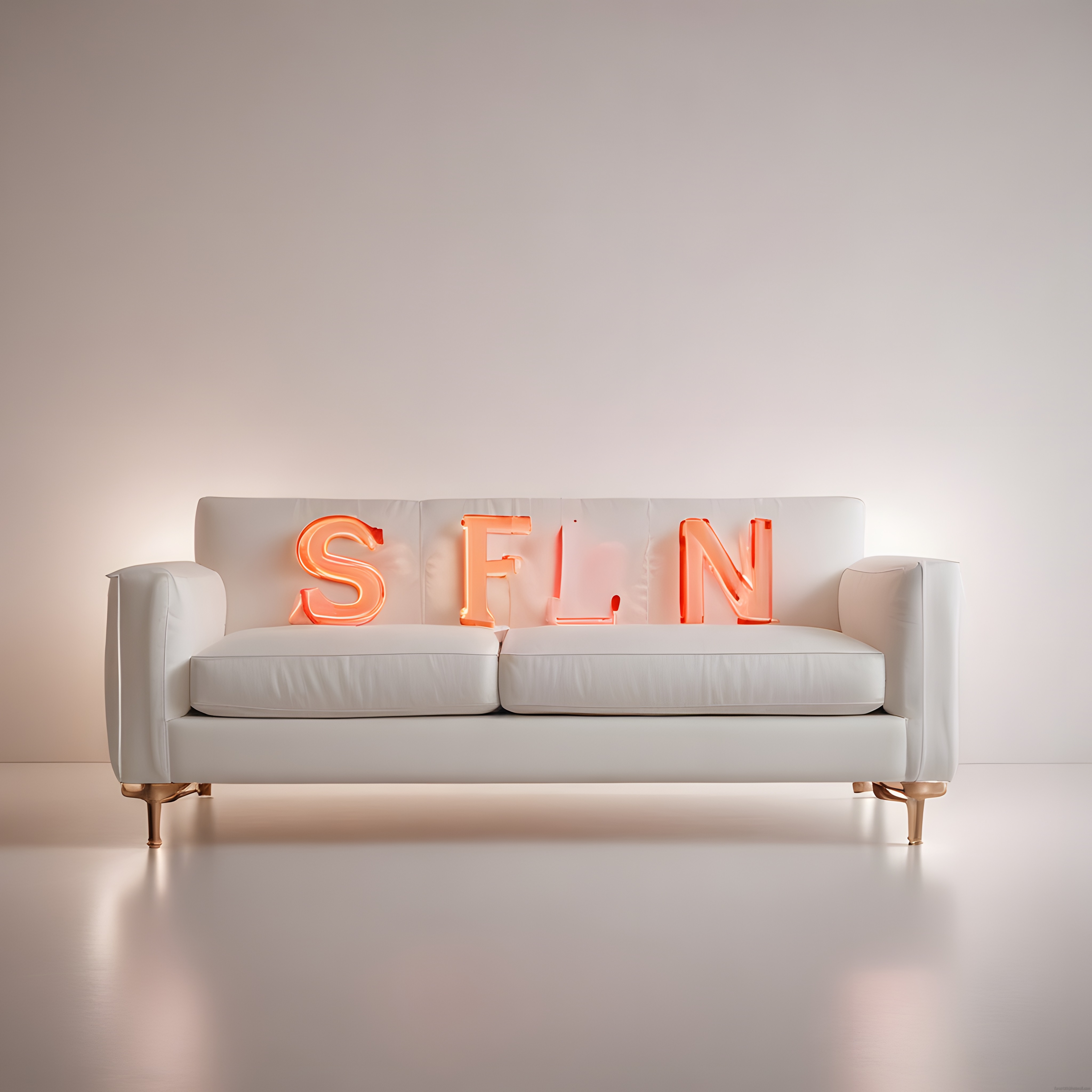 Beyaz Kanepe Üzerinde Neon 'SFIN' Işıklı Harflerle Minimalist İç Mekan Dekorasyonu