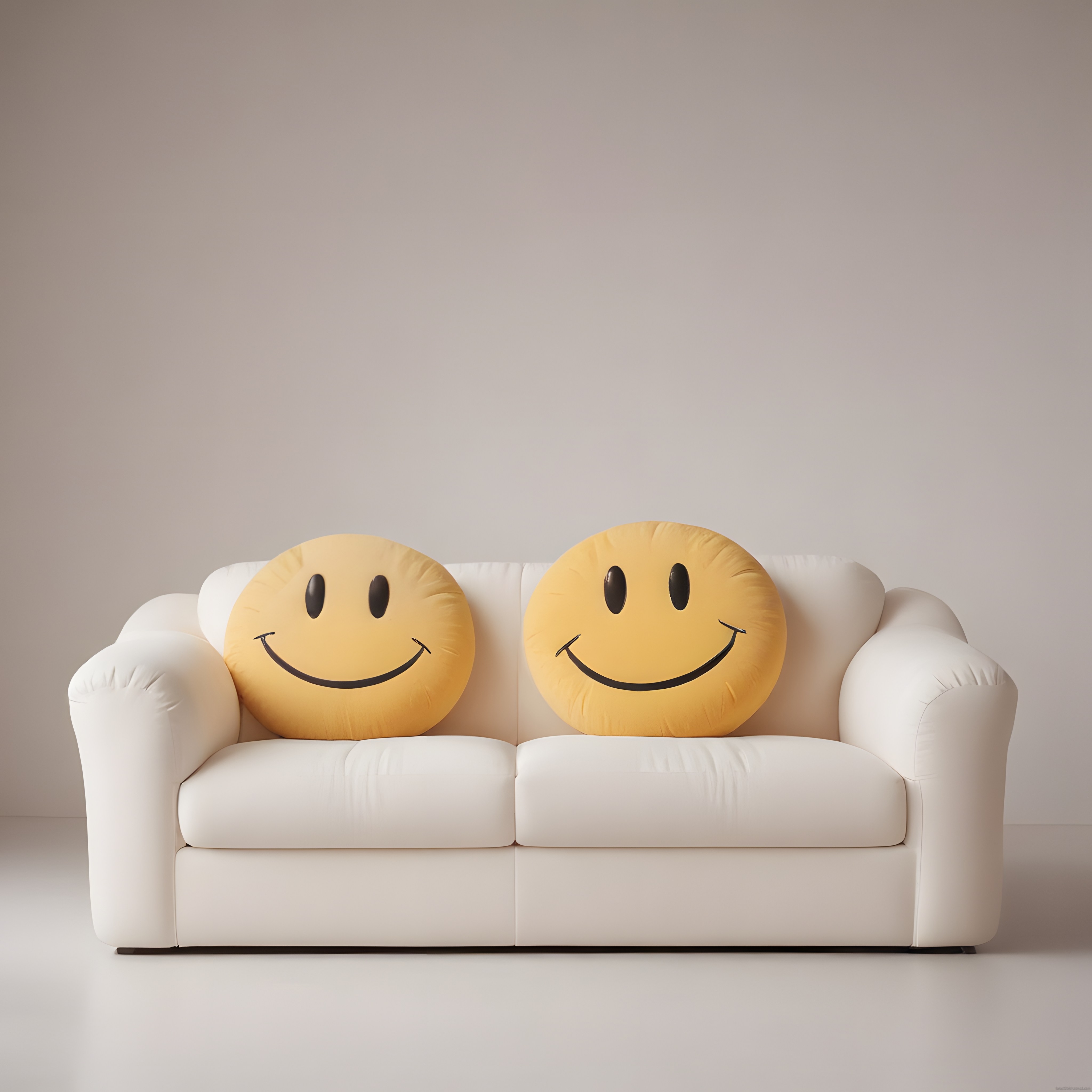 Beyaz Kanepe Üzerinde Sarı Smiley Yastıklarla Neşeli ve Modern Ev Dekorasyonu