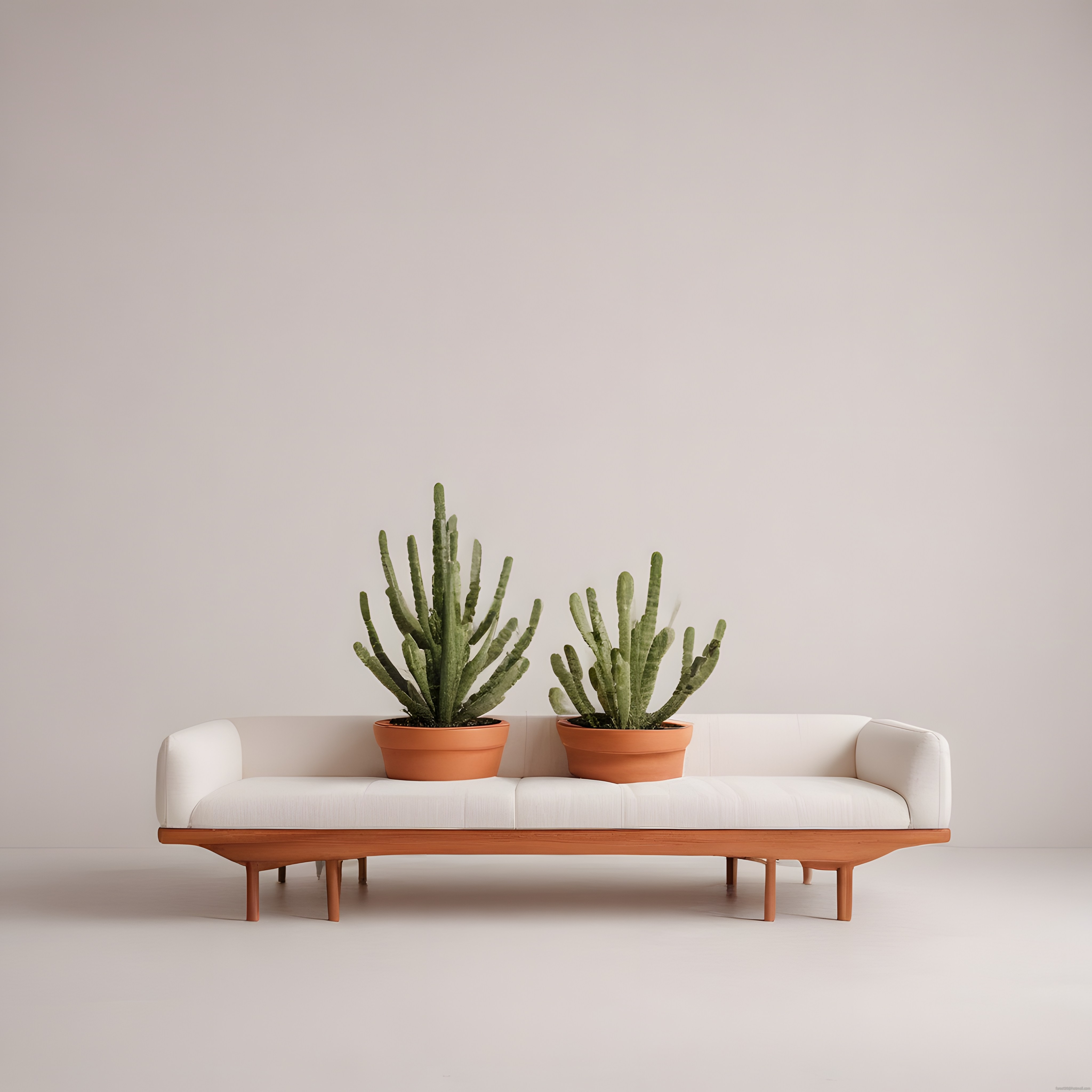 Beyaz Kanepe Üzerinde Terrakotta Saksıda Kaktüslerle Minimal Salon Dekoru