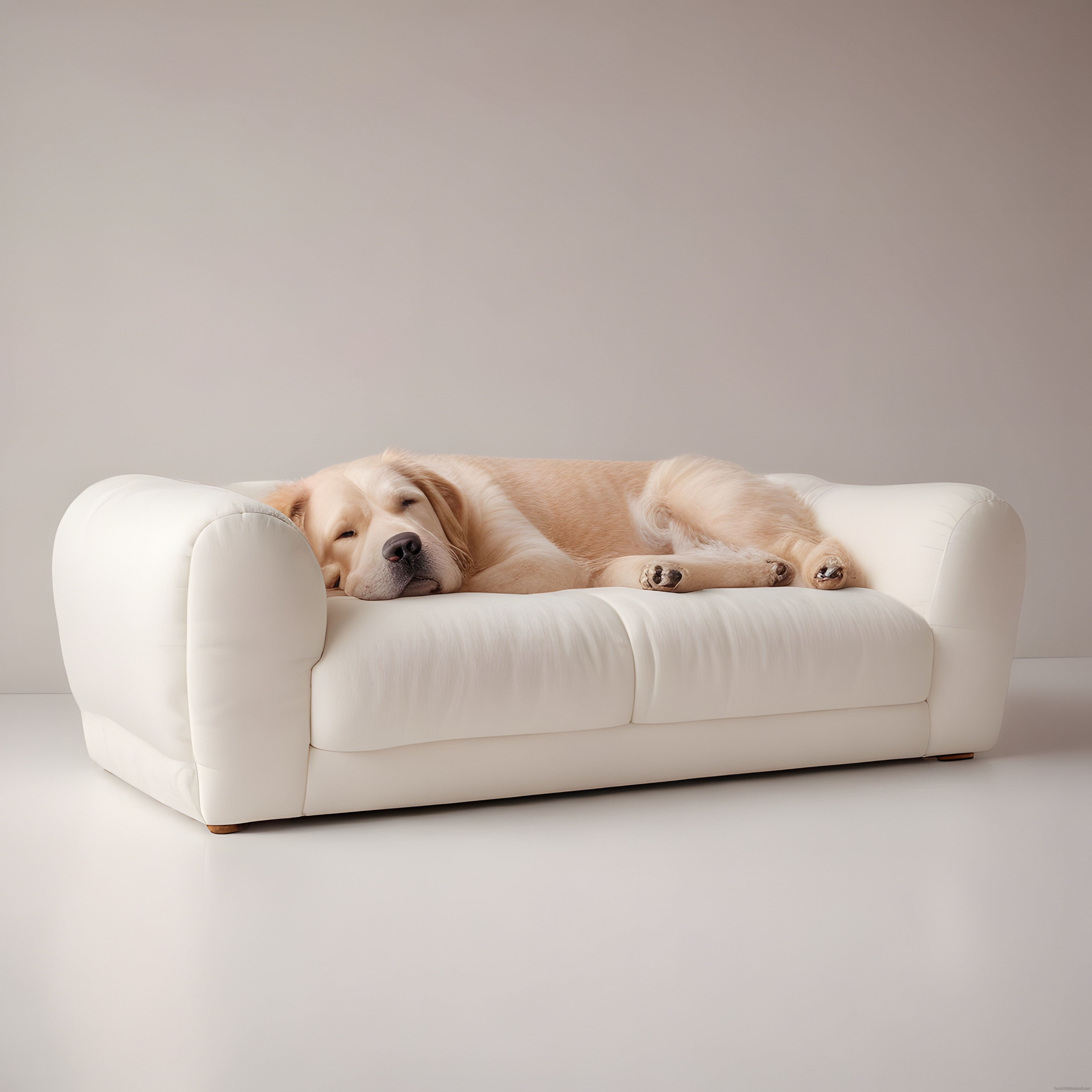 Beyaz Kanepe Üzerinde Uyuklayan Sarı Tüylü Köpek ve Minimal Stüdyo Ortamı