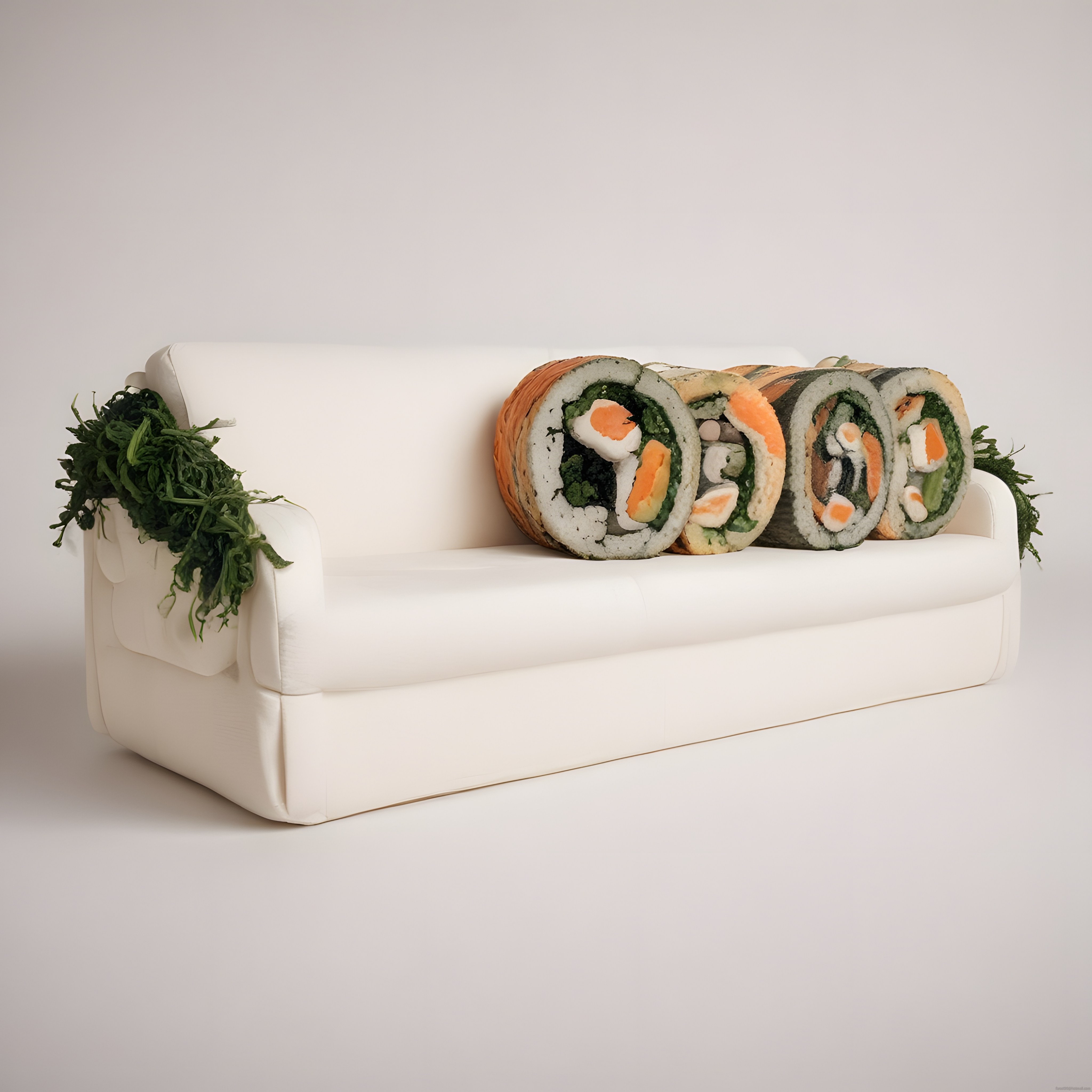 Beyaz Kanepe Üzerindeki Dev Sushi Ruloları ve Sürreal Stüdyo Sunumu