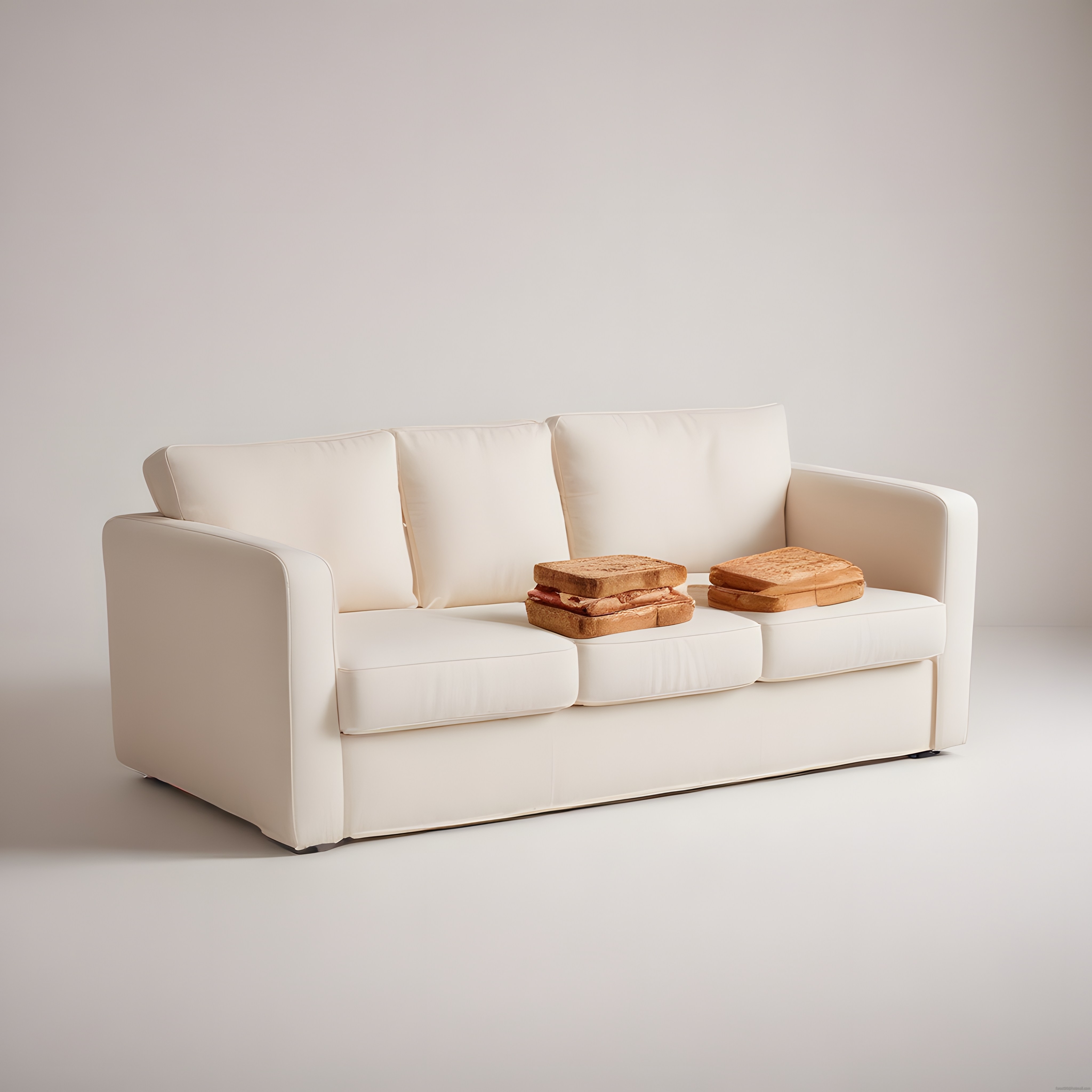 Beyaz Kanepe Üzerindeki Sandviçler: Minimalist ve Absürt Stüdyo Kompozisyonu