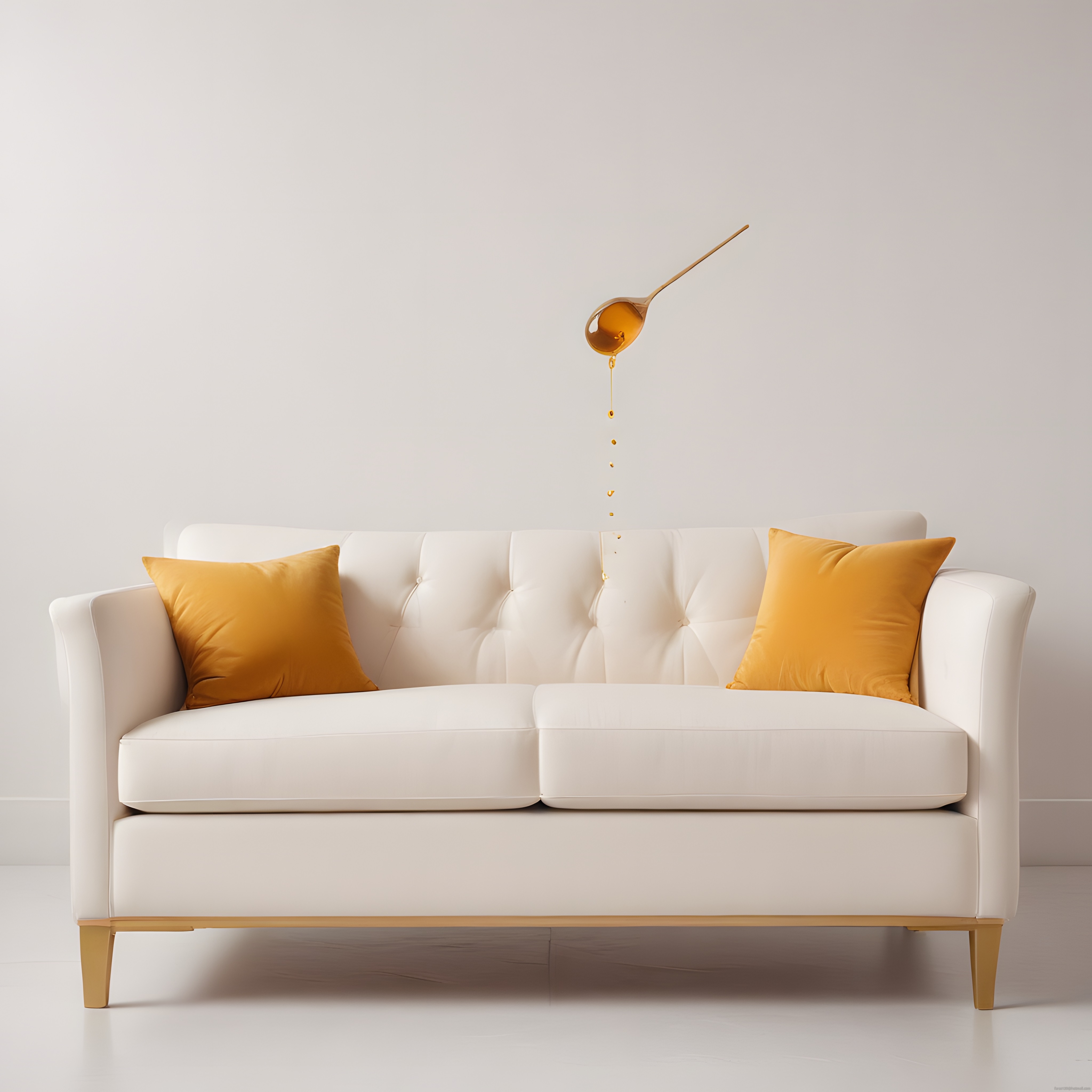Beyaz kanepe üzerine dökülen sıvı ve hardal sarısı yastıklarla minimalist dekor
