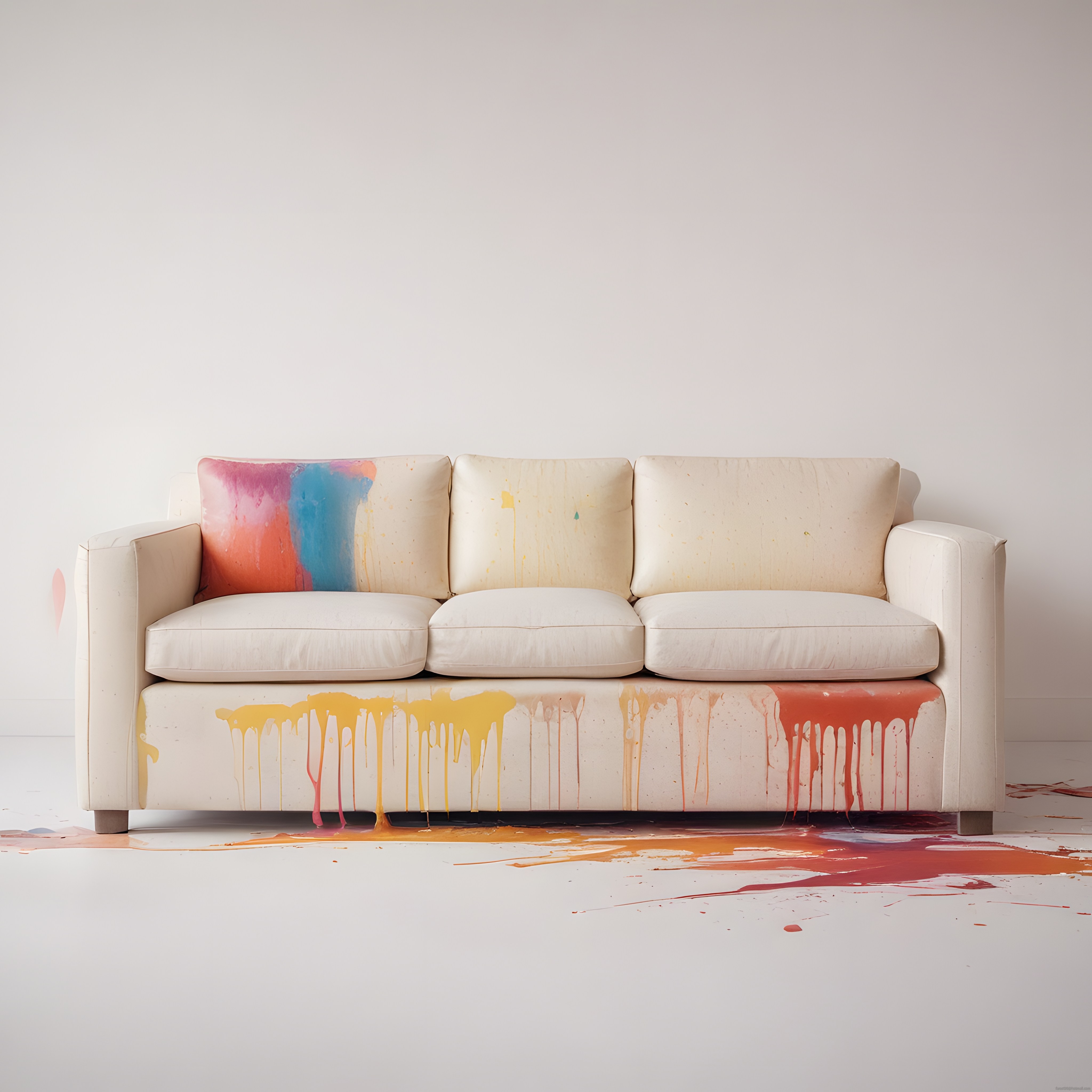 Beyaz Kanepe Üzerine Dökülmüş Renkli Boyalar ve Minimalist Mekan