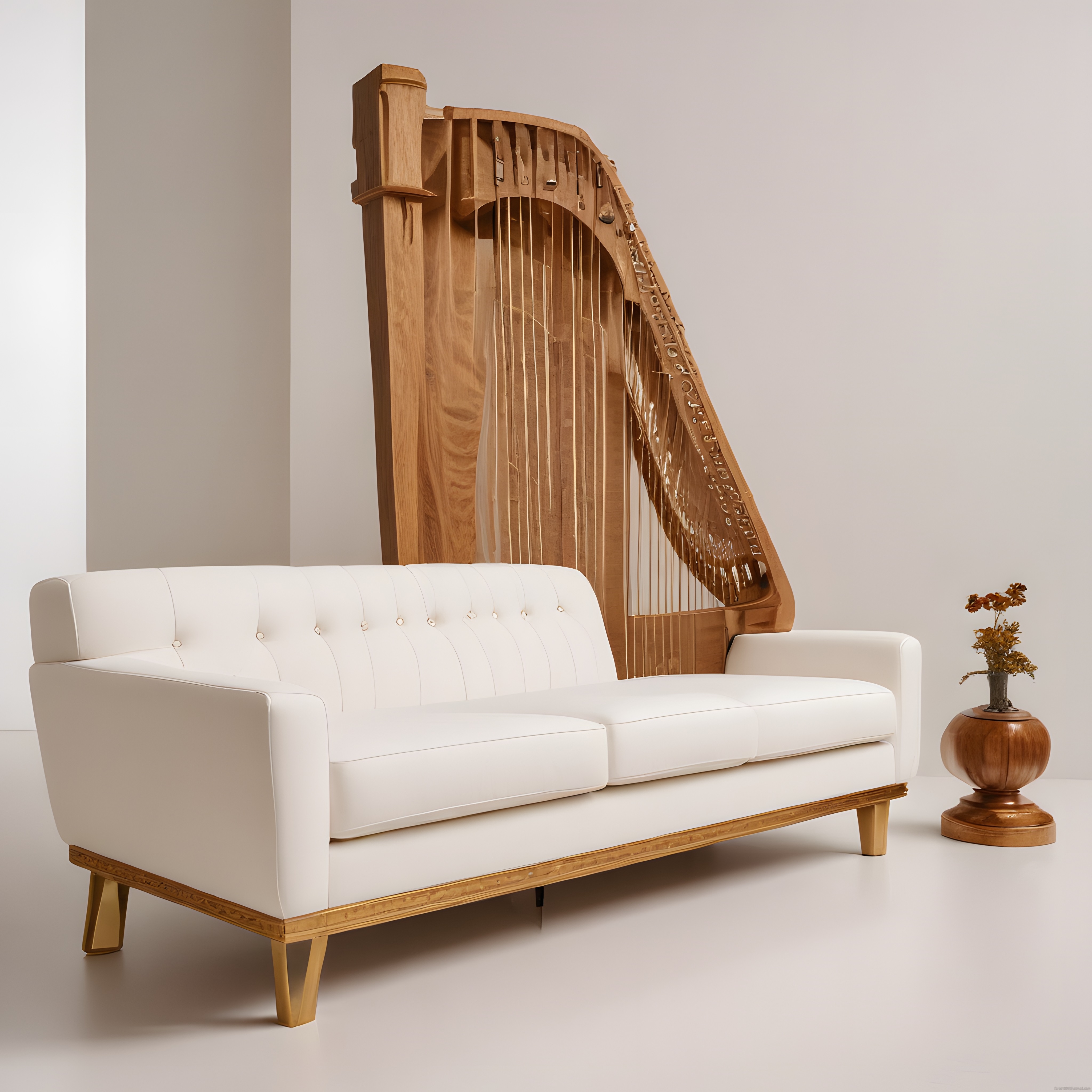 Beyaz Kanepe ve Ahşap Arp ile Zerafetli ve Modern Salon Dekorasyonu
